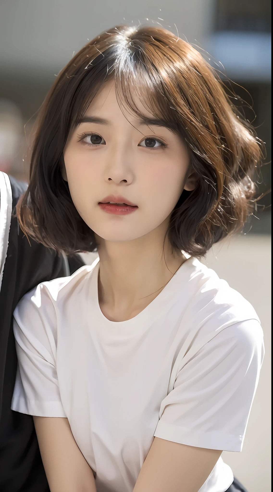 ((best qualtiy,8K,tmasterpiece:1.3)),(Flower Cap:1.3),focal:1.2,Perfect body beauty:1.4,glute:1.2,(Layered Hair Style:1.2)),(Dark streets:1.3),Highly Detailed Face and Skin Textur,full bodyesbian,Elaborate Eyes,二重まぶた,Whitens the skin,Short wave hair,(with a round face:1.5),white tight t-shirt,short skirt,black lence stockings