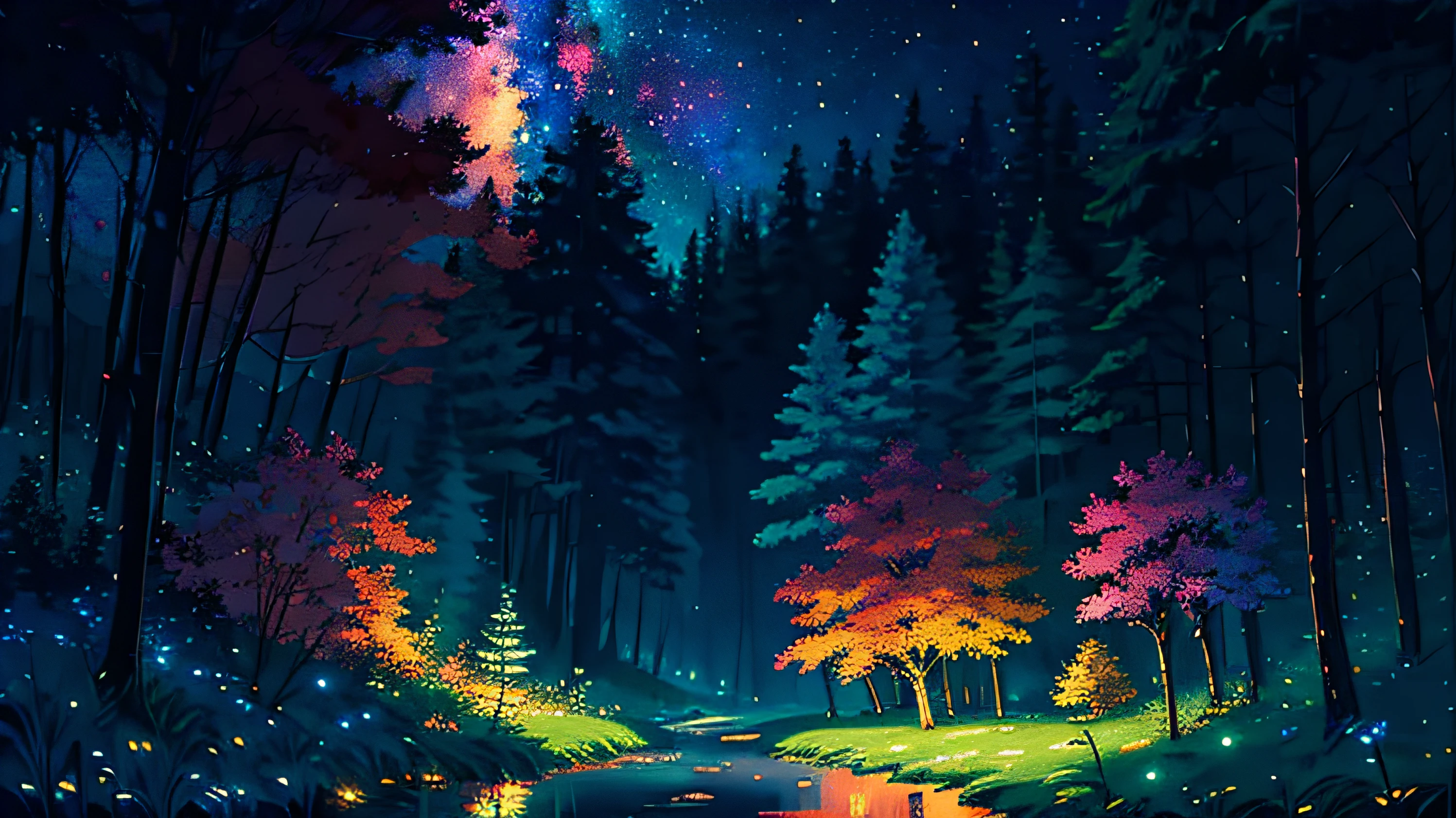 illustration, cartoon, soothing tones, calm colors, (anime), (illustration), cartoon, detailed, masterpiece, beautiful landscape, forest, pond, pathway,night, nebula, starry sky, 8k, best quality, dark shot, detailed