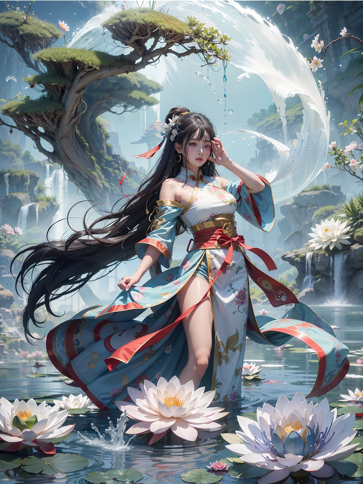 1girll,Wearing classical Chinese costumes,Raise a hand,Evoke a series of splashes in the water,Water explodes like fireworks,Floating on the water,White-blue transparent splash,water bloom,water treatment ,Aquatic mastery ,Hydro exercise ,Fluid control,Waves and ocean currents ,Chinese Ancient Architecture、Lake at night,themoon、trpical garden、waterfallr、water lilies、hot onsen、vapour、Epic composition、Realistic lighting、high definition detail、tmasterpiece、The best quality,(非常详细的 CG 统一 8k 壁纸),(The best quality)