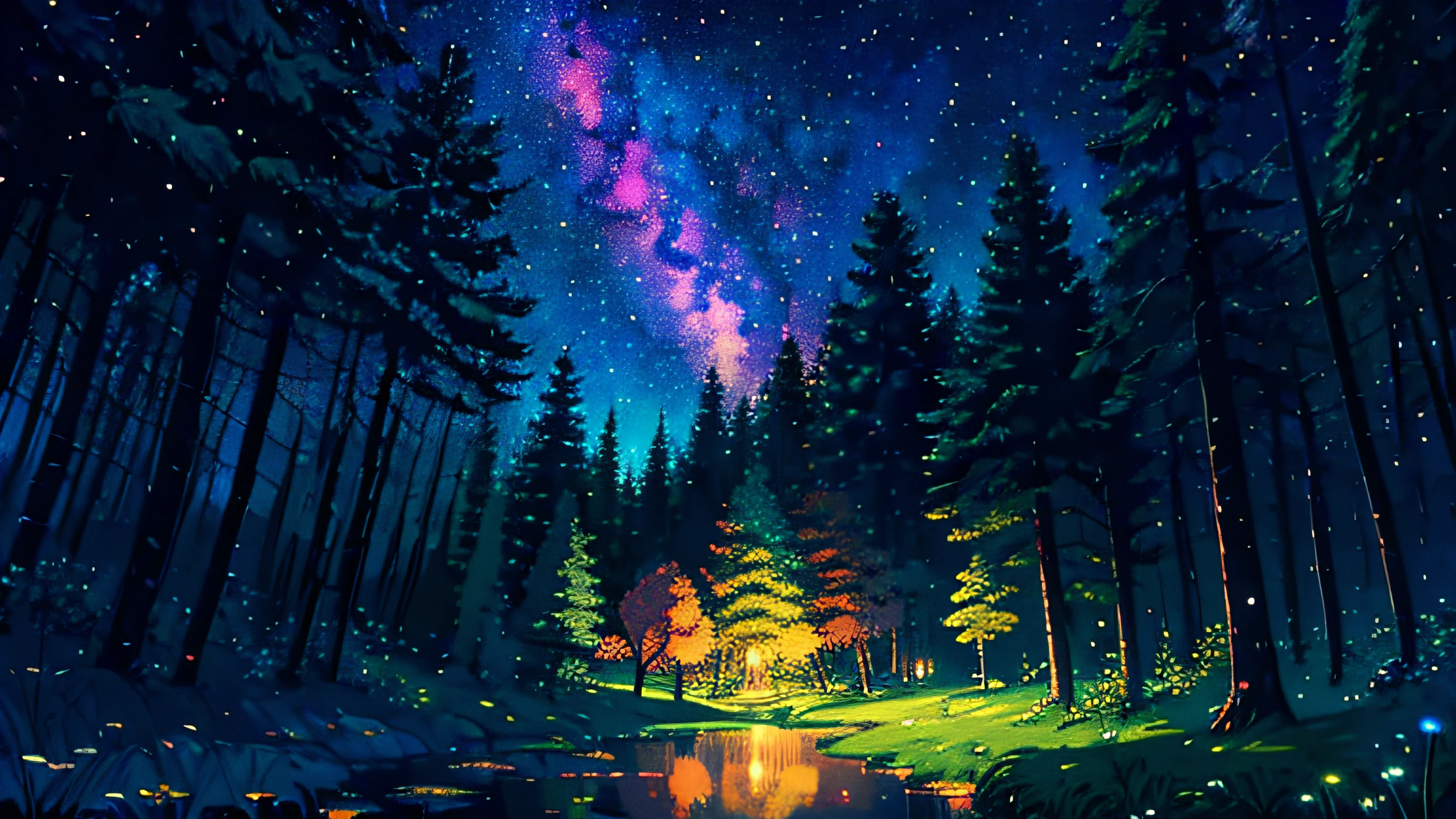 illustration, cartoon, soothing tones, calm colors, (anime), (illustration), cartoon, detailed, masterpiece, beautiful landscape, forest, pond, pathway,night, nebula, starry sky, 8k, best quality, dark shot, detailed