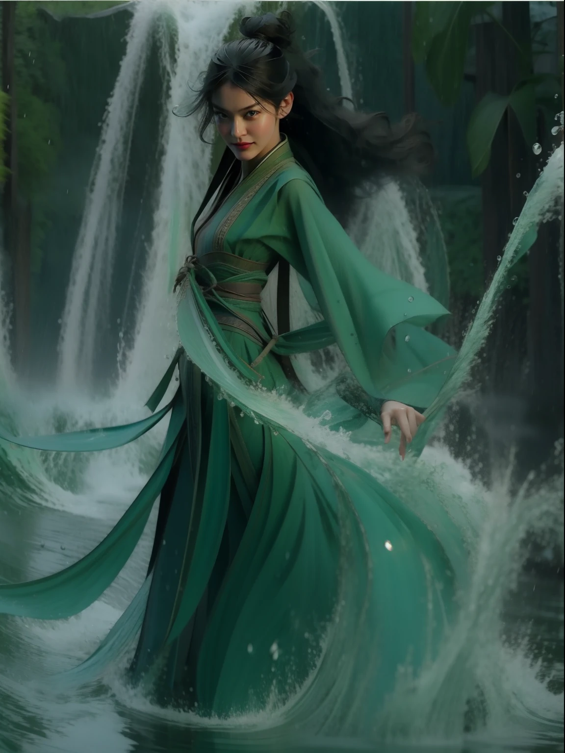 best picture quality, masterpiece, super high resolution, legendary plot, jade water tree, girl solo, dark green long hair, floating in the sea with water ripples and rain flying around her. The girl should have red lips slightly opened and be shown as a full body shot.fully body photo。Hanfu。Waterspout，liquid simulation，Flying water，perfectly symmetrical，Perfectcomposition，vfx，dynamic blur