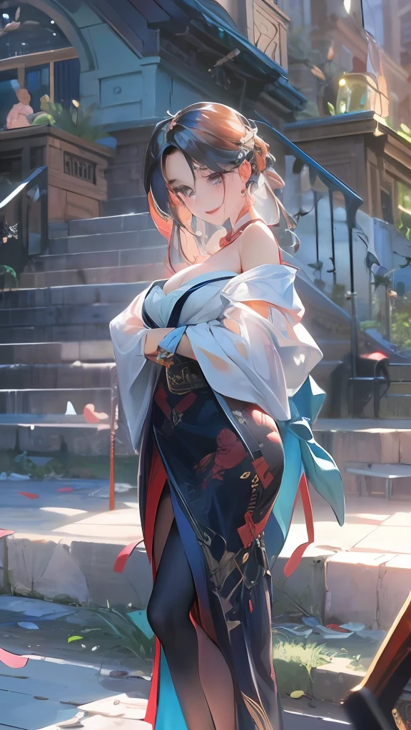 best quality, masterpiece, ultra high res, photorealistic, 1girl, offshoulder, smile