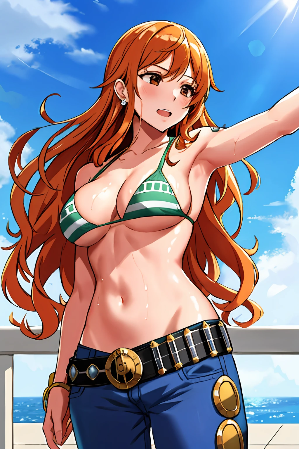 detailed background, masterpiece, 4k, best quality, late youth, adult, wrestler body, 1girl, active, energic, uppercut, (large mouth) , solo, nami \(one piece\), 1girl, bangle, (very wet, drenched in sweat, sweat all over body, very wet hair, tired, taking breath, open mouth, exhausted, shouting, sweaty face, sweaty body, panting, sweating too much, shiny sweat, sweaty armpit, leaning, hands on hips), perfect detailed face, bold drawing lines, muscular arms, detailed bold arm lines, flat jaw, adult woman, wavy wide streaked bangs, floating bang, (big cheeks), bare shoulders, off-shoulders, belt, bikini, bikini top only, blue sky, bracelet, springy breasts, breast lines, big round eyes, very big brown shiny eyes, bubbles, high eye position, cleavage, cloud, day, denim, earrings, floating hair, shiny hair, green belt, green bikini, bold groin lines, jeans, jewelry, medium breasts, log pose, long hair, looking at viewer, navel, wet hair, orange hair, pants, shoulder tattoo, sidelocks, sky, solo, standing, stomach, swimsuit, tattoo , looking at viewer, open mouth, detailed left arm, big forehead, hourglass figure, small head, toned body, wide hair, wind effect, sun effect, under the sun, narrow small ears angle, older, random poses,