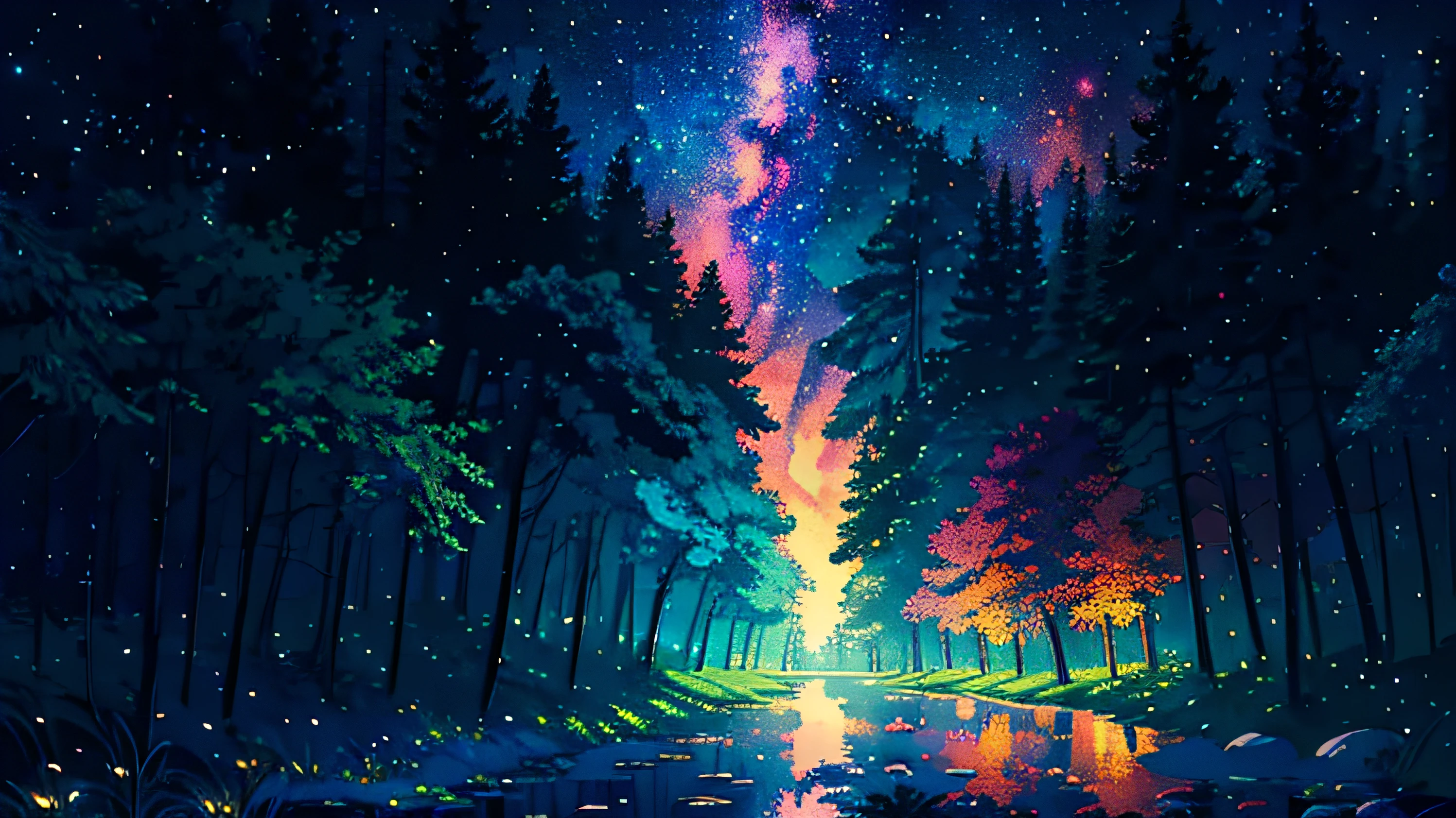 illustration, cartoon, soothing tones, calm colors, (anime), (illustration), cartoon, detailed, masterpiece, beautiful landscape, forest, pond, pathway,night, nebula, starry sky, 8k, best quality, dark shot, detailed