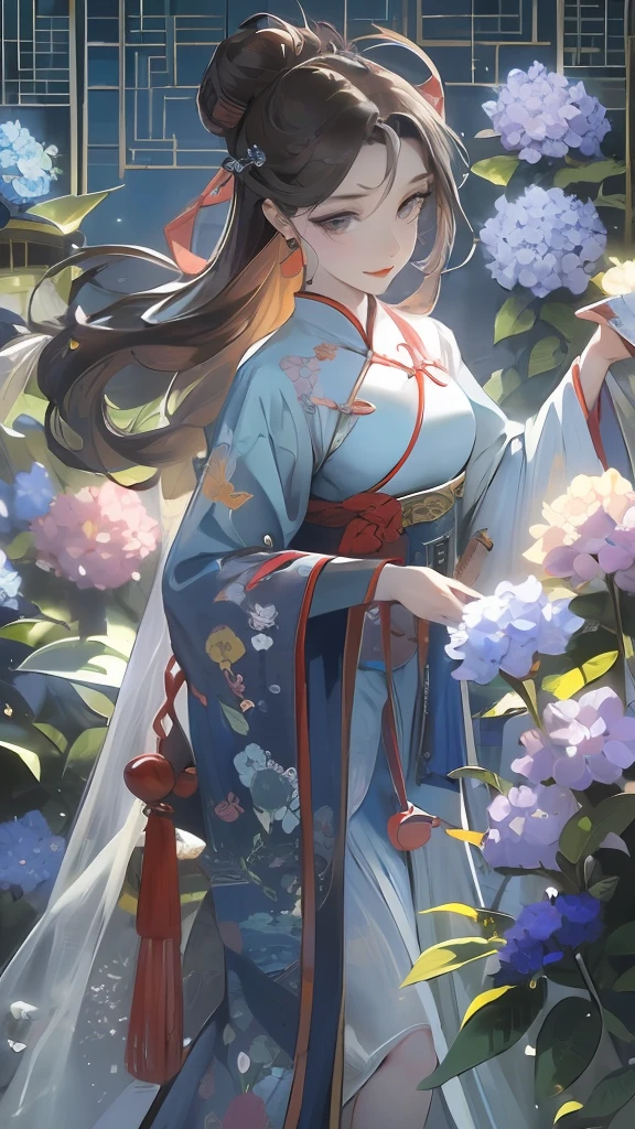 Masterpiece, Superb Product, Night, Full Moon, 1 Woman, Mature Woman, Chinese Style, Antique Chinese, Sister, Royal Sister, Smile, Brunette Hair, Updo, Red Lips, Calm, Intellectual, Hairpin, Hair Flower, Detailed Facial Details, Detailed Eyes, Full Body, Gray Eyes, Long Hair, Hydrangeas