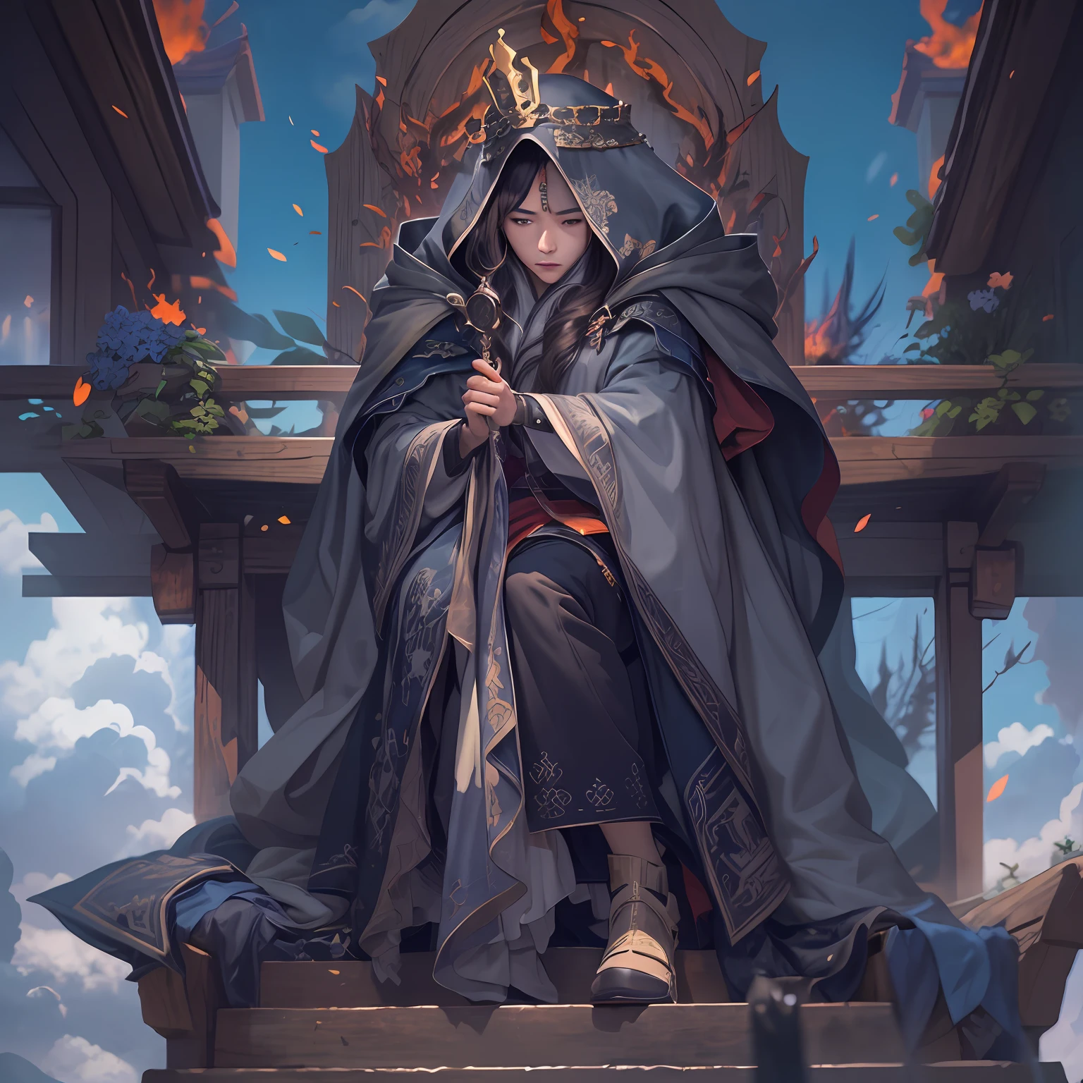 higly detailed, Clarity, 8KK, A throne of fire, The woman, 30 years, long dark hair, There is a hood on his head, dressed in a worn gray cloak with patches, pretty eyes, From behind the blue sky, Ahead are wooden steps to the sky to the throne, Behind the throne is a handsome man, 真实感, fentezi,