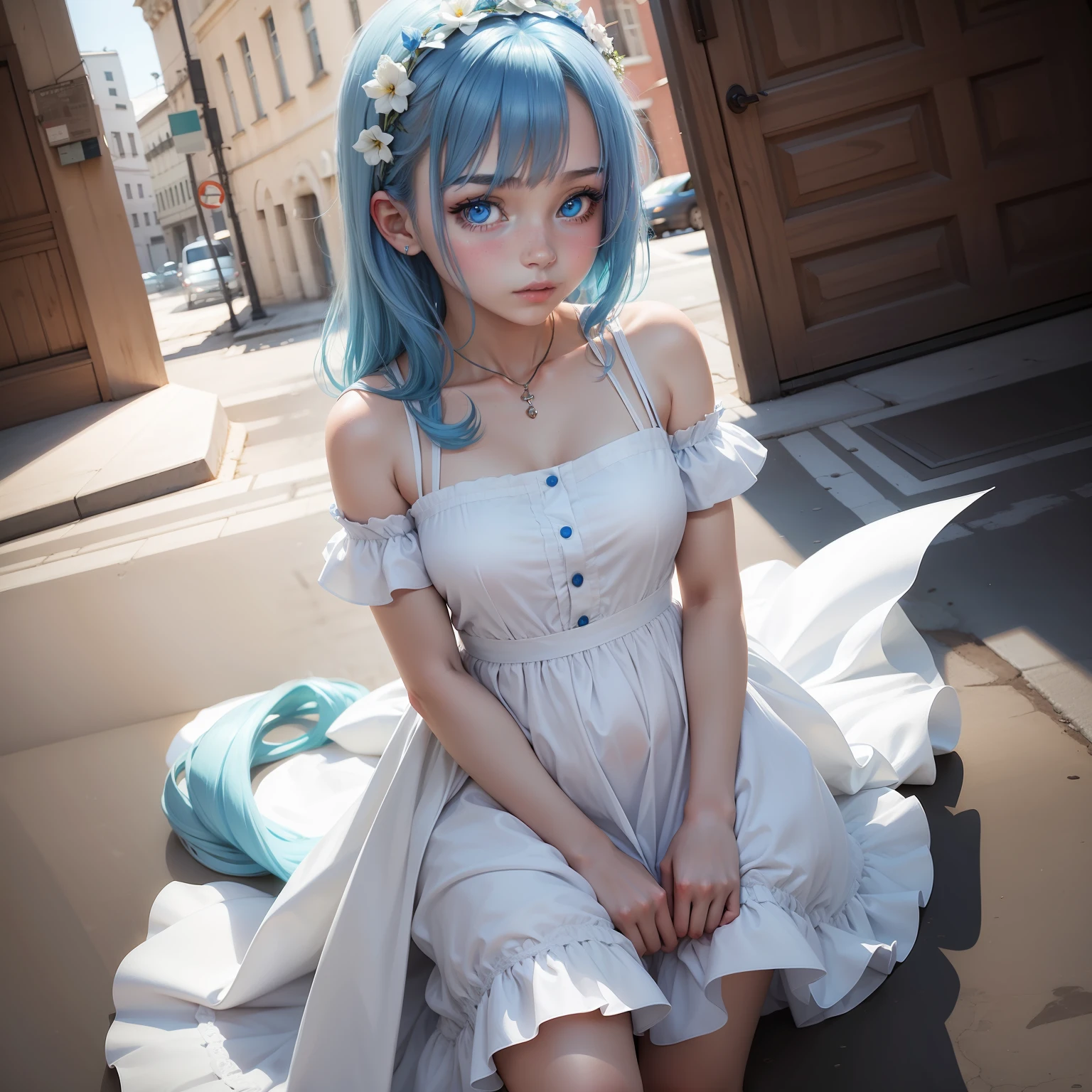 a girl, blue hair, blue eyes, white dress