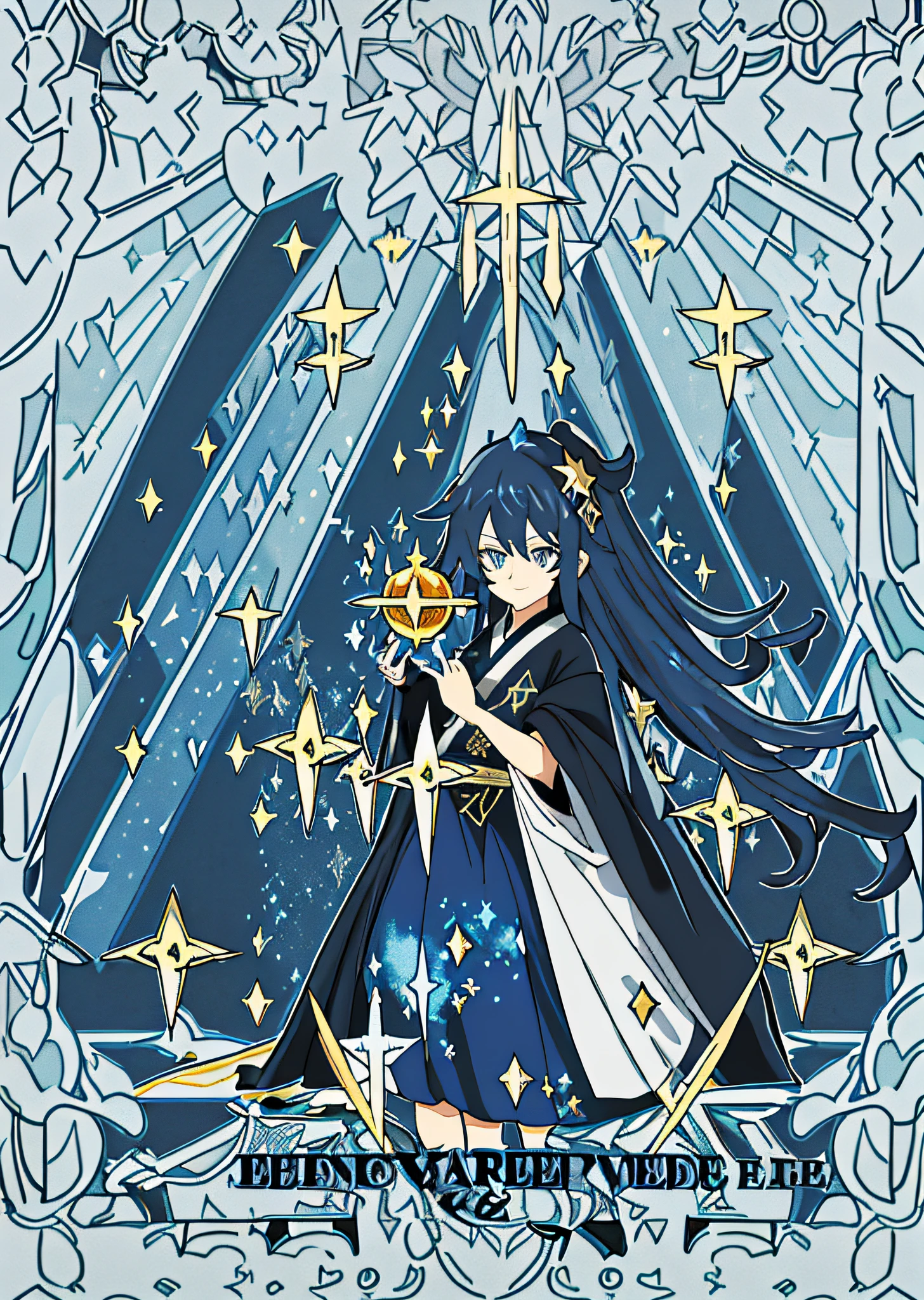 dark blue long hair,Hair is like a starry sky,Fluffy head,starryskybackground,Hold a magic ball in your hand,Perform magical divination,Sacrificial costumes,Star Eyes,Giggling,style de carte de tarot,Fusion of the Dragon King Ninja Goto art style+A girly style created by Yuki Ogura