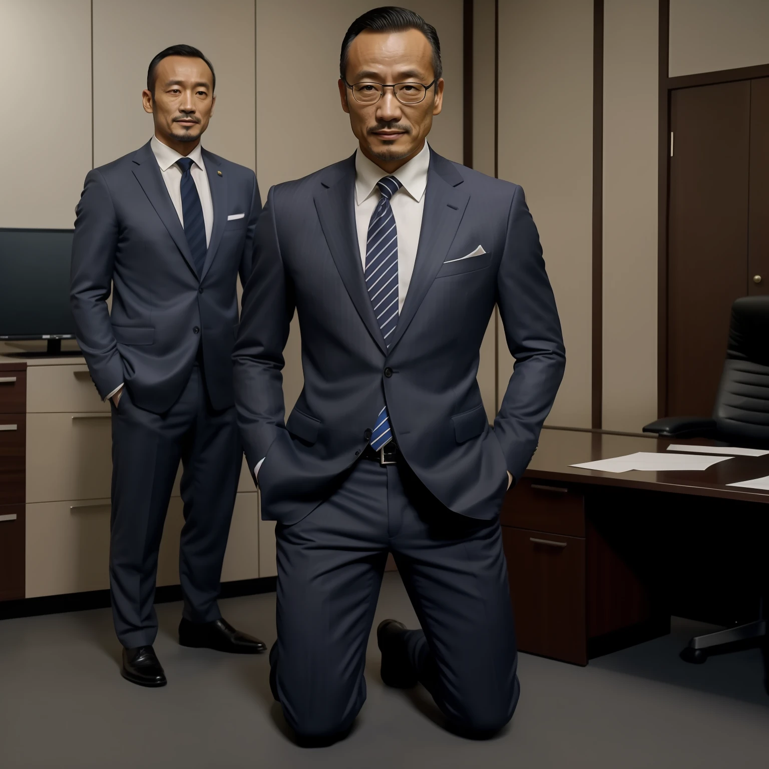 50yearsold,Hidetoshi Nakata,(Kogoro Mouri 1.3),Shirtless,Tong,Bulge,office room,black long socks,Thin,musculature,lbeard,fortitude,artwork of a,tmasterpiece,k hd,ssmile,tightsuit,Business suit,Kneeling,two guys,hand behind head