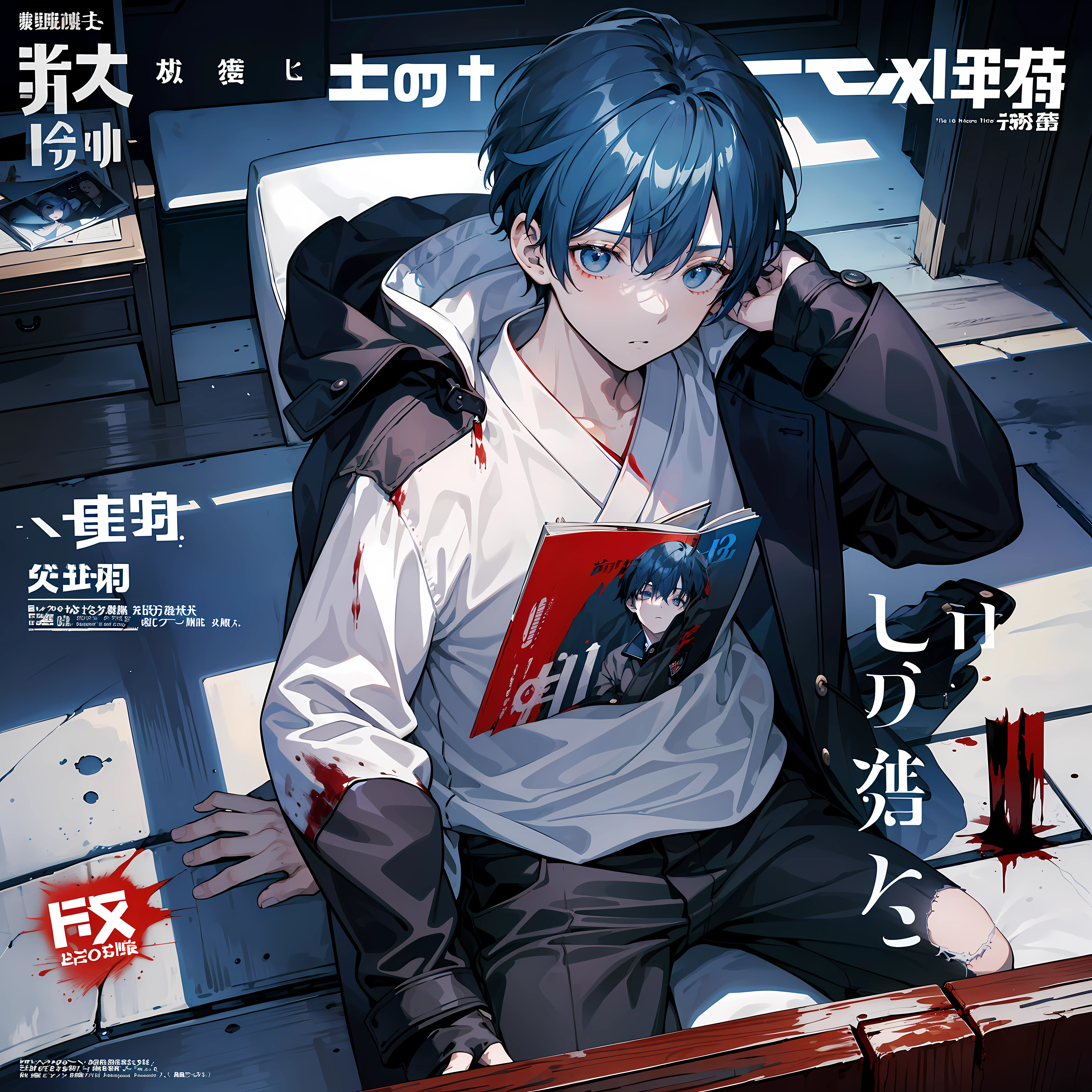 masterpiece, best quality, full body, (1boy), (detective coat), (Boy Messy Japanese Round Haircut for Thick Hair), (blue hair), black shorts, (solo), (magazine:1.3), (cover-style:1.3), fashionable, mystery detective, lonely mood, tone dark,(Solve a murder case), blood stains,dark lighting,(Terrifying places)
