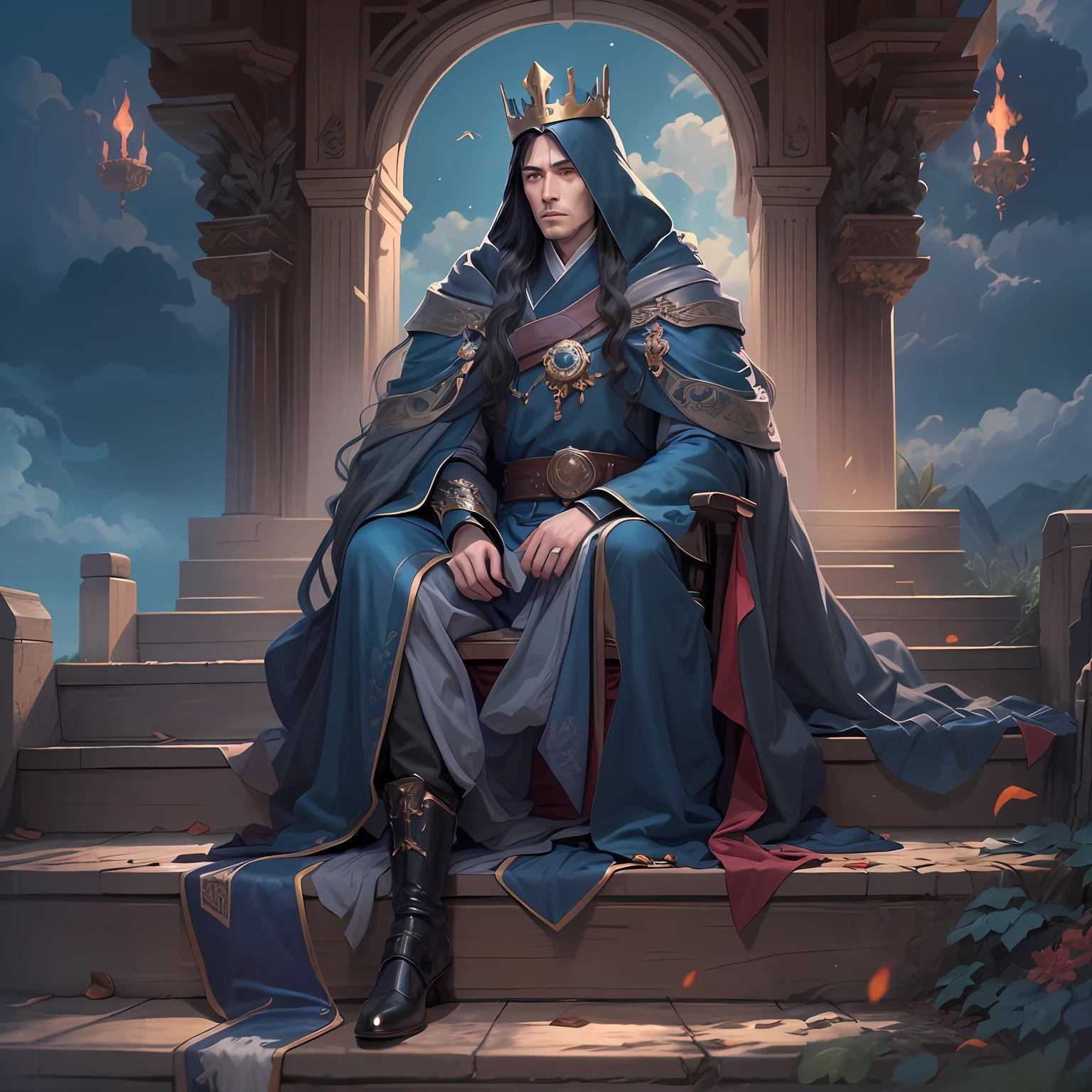 higly detailed, Clarity, 8KK, A throne of fire, The woman, 30 years, long dark hair, There is a hood on his head, dressed in a worn gray cloak with patches, pretty eyes, From behind the blue sky, Ahead are wooden steps to the sky to the throne, Behind the throne is a handsome man, 真实感, fentezi,