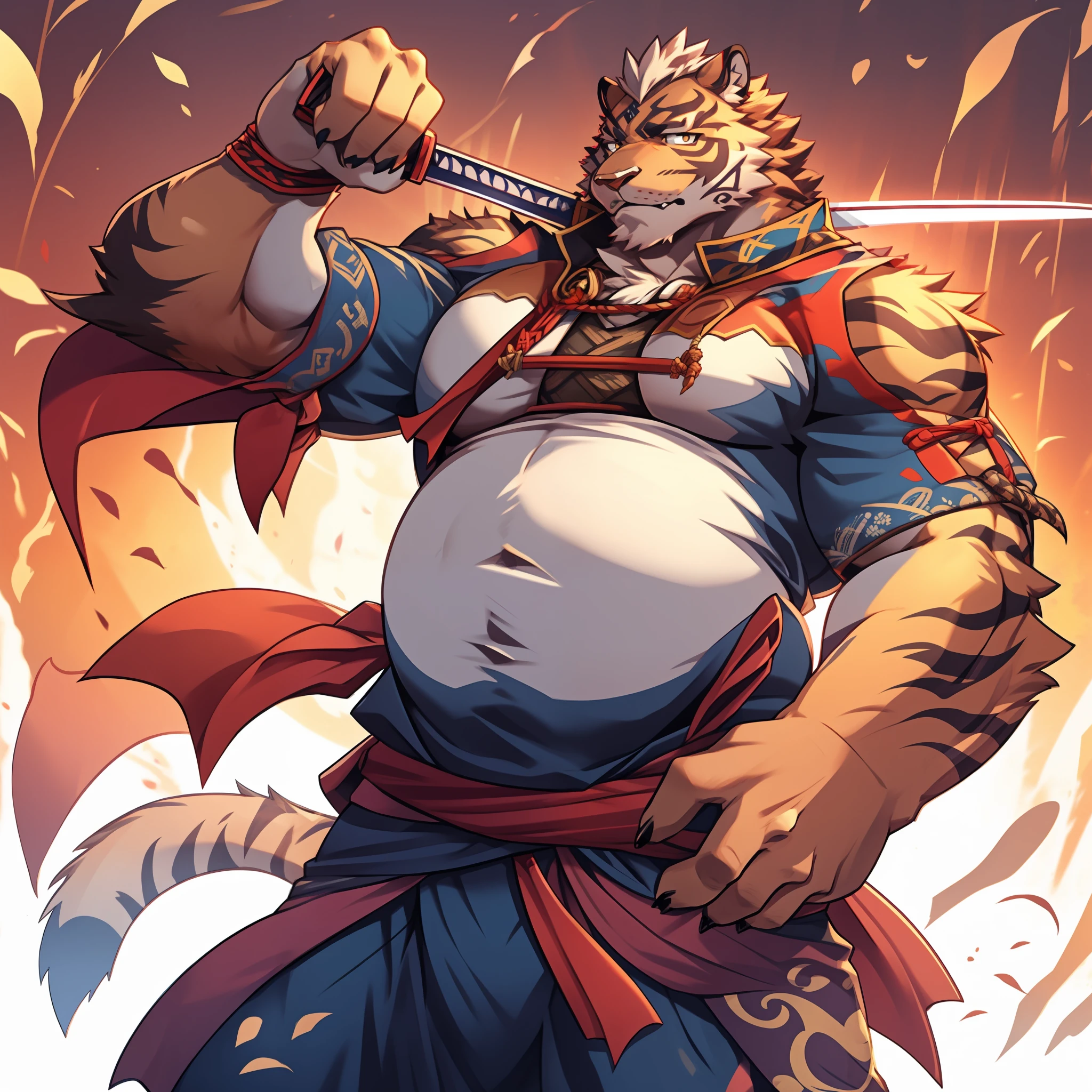 Lin Hu，musculature，tit，Fat Chubby，Wear a katana，potbelly，Plump and firm，Huge protrusions on the lower body，Wear a katana，Samurai style，carrying swords on his back，Five fingers，byself，Put your hands in your pockets