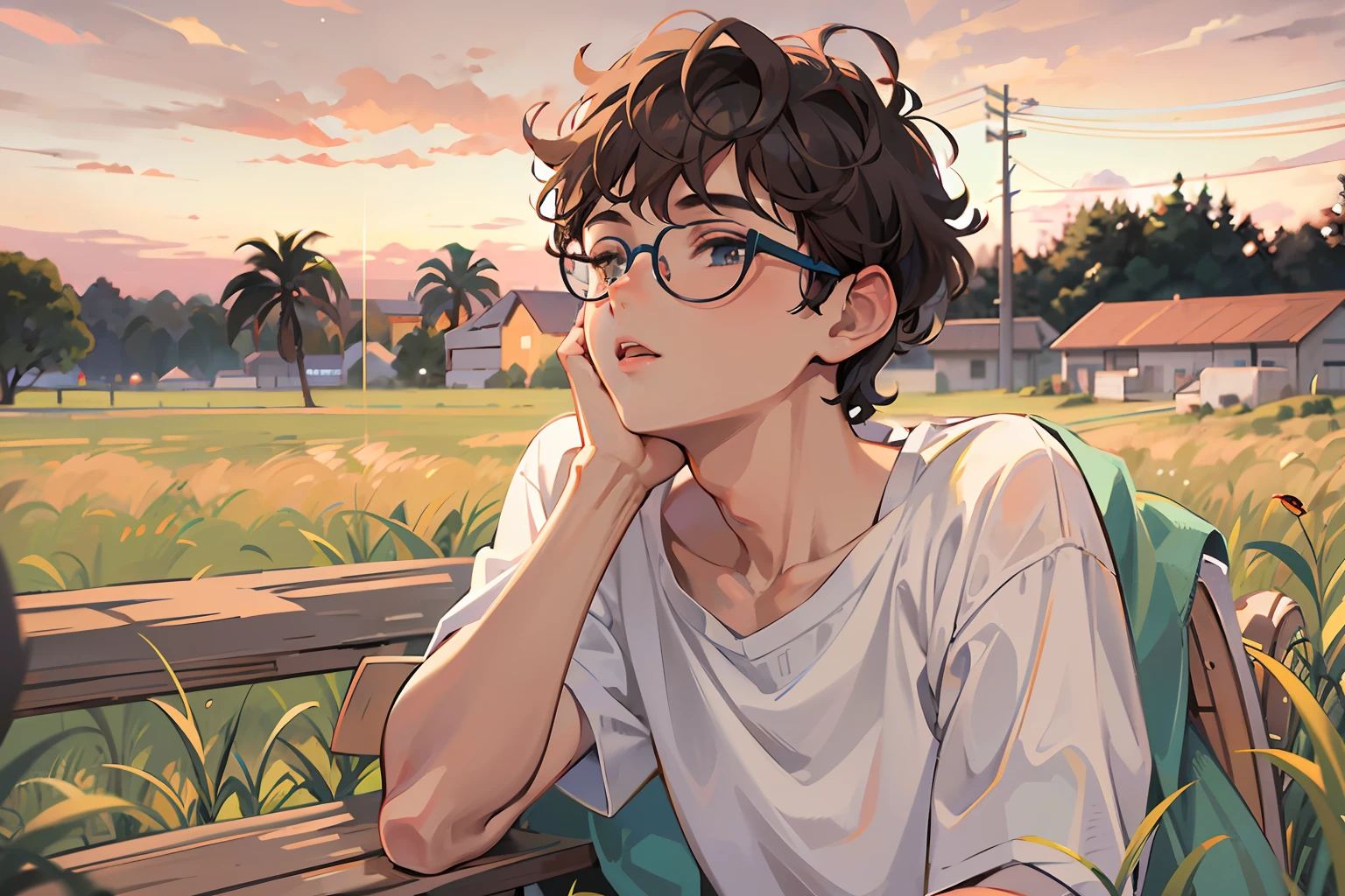 a college boy, wearing white shirt, eyeglasses, short curly hair, skinny, sitting on the bench, wide grass field, evening vibe, side view, upper body shot