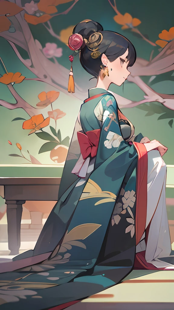 (Masterpiece, Top quality, Best quality, offcial art, Beautiful indulgence: 1.2), (Japanese dress), arms back behind, (Upper body only), (1 girl: 1.3), Japan  Woman, Very detailed, Colorful, best detail ((Super detailed)), (Very detailed 2DCG illustration), (((Very delicate and beautiful)) (Seated), Expressionless, Black hair, kanzashi, Earrings --auto --s2