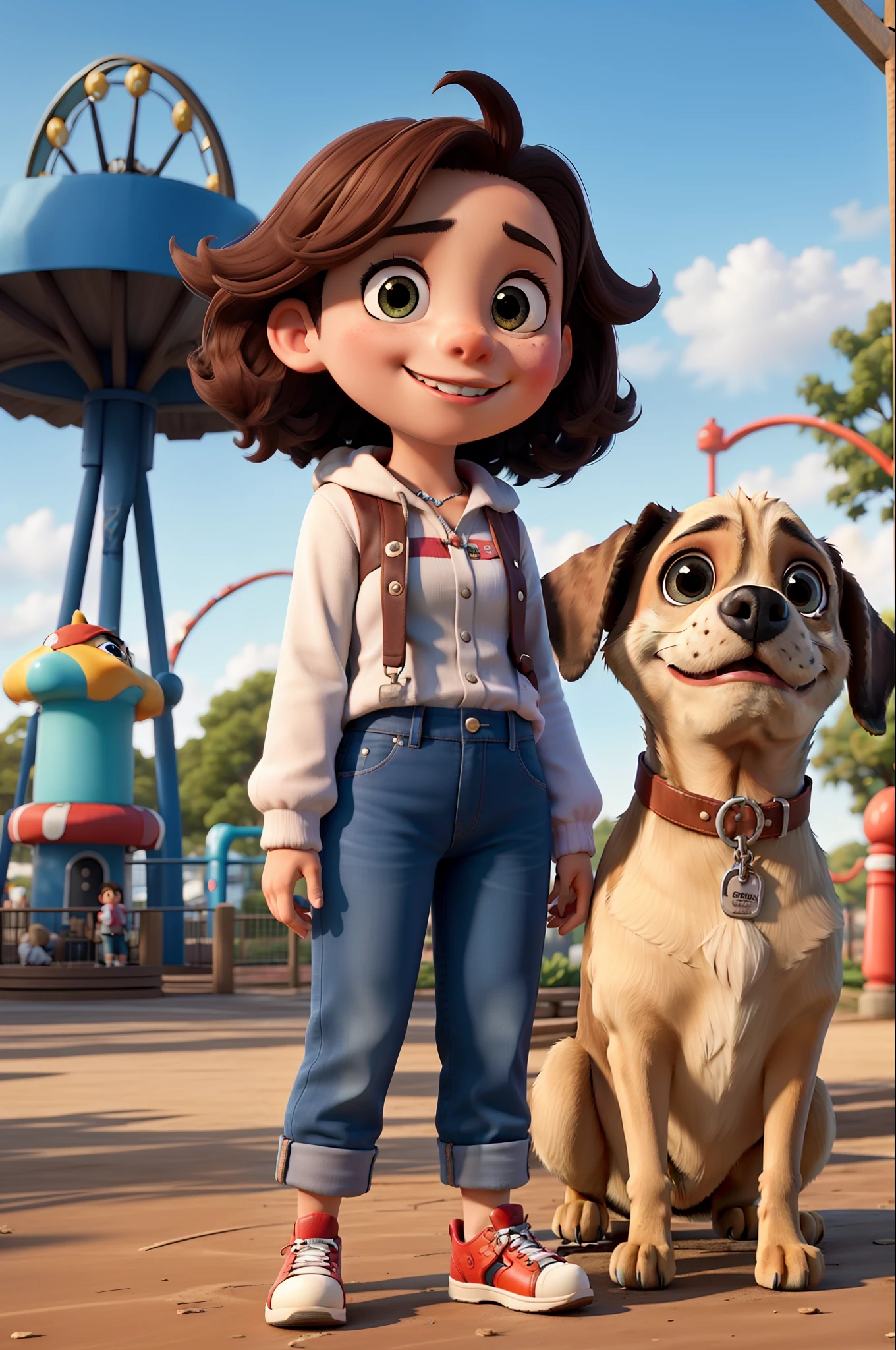 Obra-prima, de melhor qualidade, uma menina, Standing in the amusement park, happy looking at the camera, com seu cachorro pug