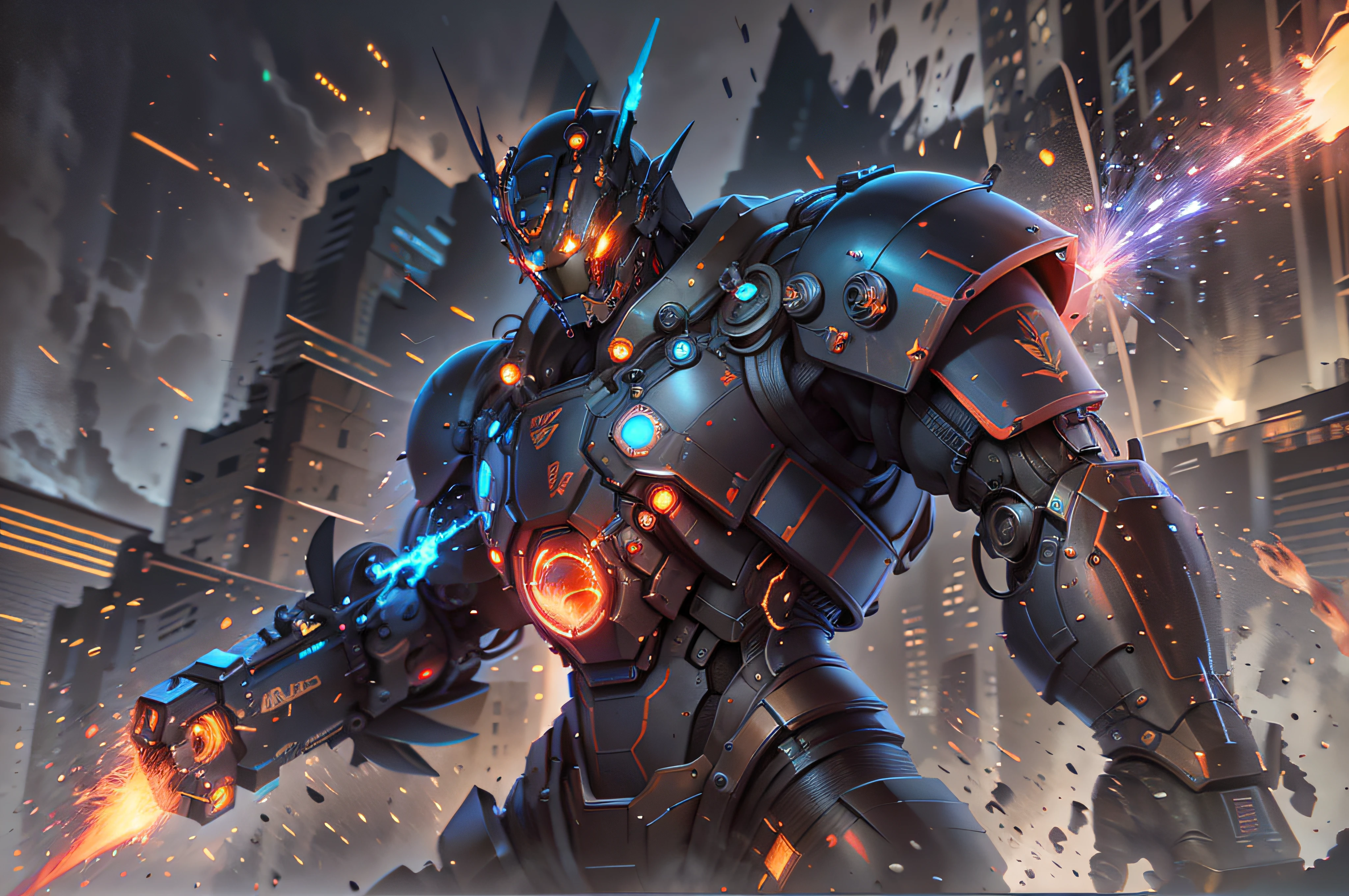 An incredible color aerial view daguerrotype of realistic looking Mazinger Z. a towering giant robot, standing at 20 meters tall. It boasts a powerful and robust frame, adorned with vibrant red and blue colors. Its head features a horn-like crest and glowing eyes. With rocket-powered fists and energy-based laser cannons, it's a formidable force. Dynamic visual effects, like flames and sparks, highlight its immense power. It represents strength, courage, and unwavering determination in the face of adversity. He is fighting against a Kaiju, a horrid intergalactic outer space foul ogre in the middle of Tokio, Japan, in 1973. You can see the perfect details in his body made of a rare metal alloy. Encaustic