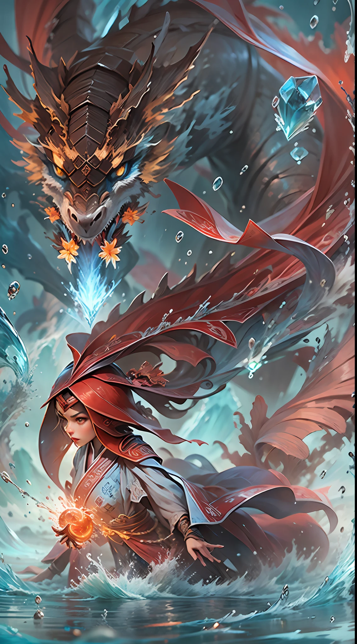 Q version 3 years old（Red robe：1.4）Baby girl standing in front of a transparent blue water dragon，crystal-clear，Eau，water flowing，drippy，Around the girl，Combines the power of water and ice elements，Create powerful ice storms，Freeze surrounding enemies and deal extensive freeze damage，high qulity，8K分辨率，tmasterpiece，Works of masters，super-fine，Water depicts details，复杂