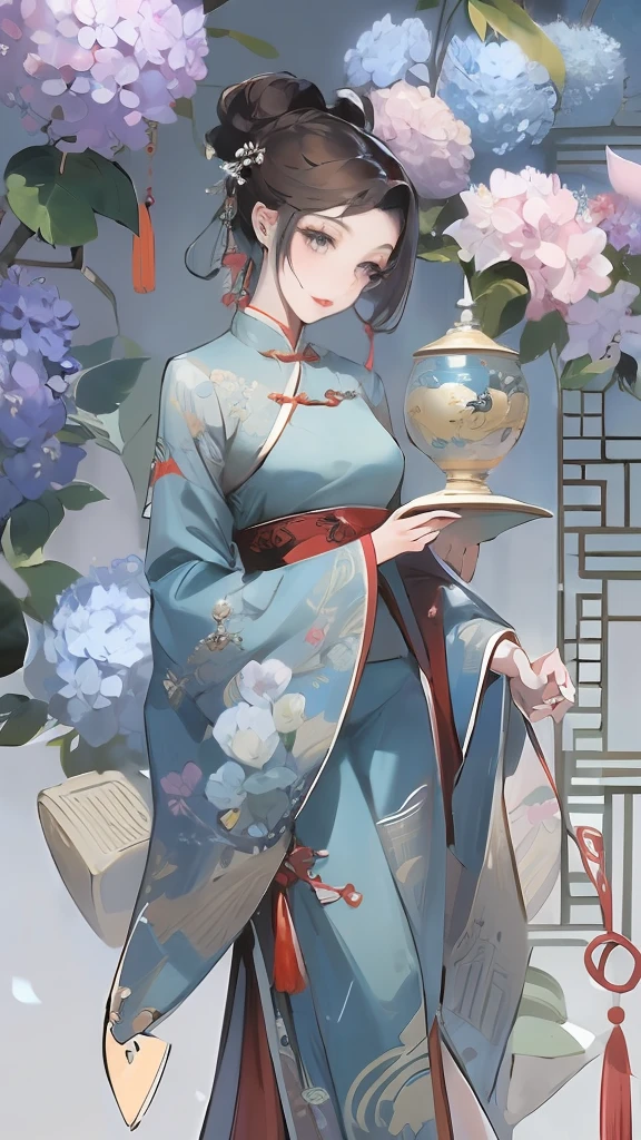 Masterpiece, Superb Product, Night, Full Moon, 1 Woman, Mature Woman, Chinese Style, Antique Chinese, Sister, Royal Sister, Smile, Brunette Hair, Updo, Red Lips, Calm, Intellectual, Hairpin, Hair Flower, Detailed Facial Details, Detailed Eyes, Full Body, Gray Eyes, Long Hair, Hydrangeas