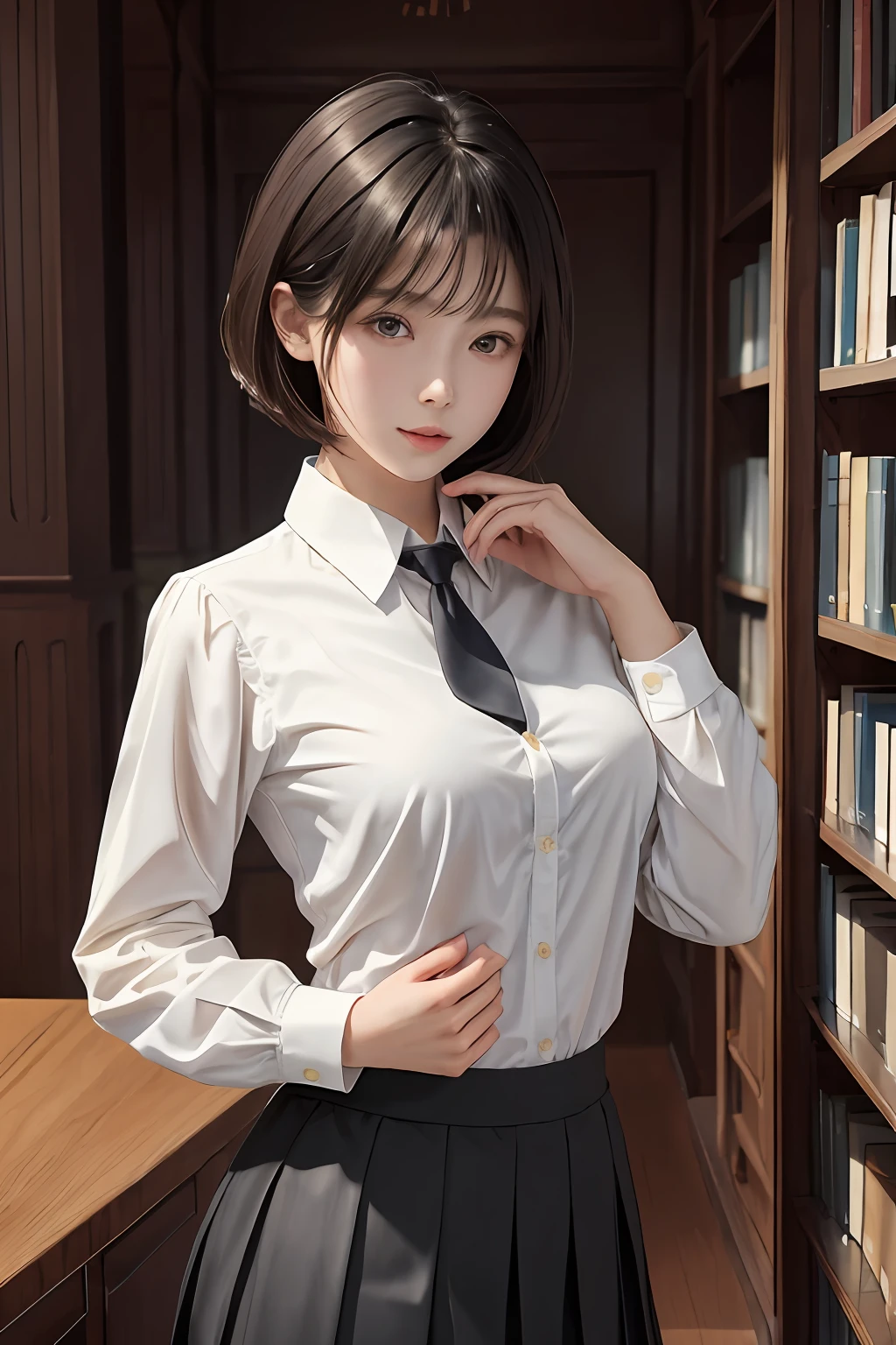 Inside the library full of books、(masuter piece:1.3)、(8k、Photorealsitic、RAW Photography、top-quality: 1.4)、(1girl)、beautiful countenance、(lifelike face)、(A dark-haired、short-hair:1.3)、Beautiful hairstyle、realisticeyes、Beautiful details、long eyeslashes、（real looking skin）、Beautiful skins、mideum breasts、（the perfect body：1.3）、（Detailed body：1.2）、（White collared shirt）、（Black pleated skirt）、（neck tie）、absurderes、enticing、超A high resolution、A hyper-realistic、high-detail、the golden ratio