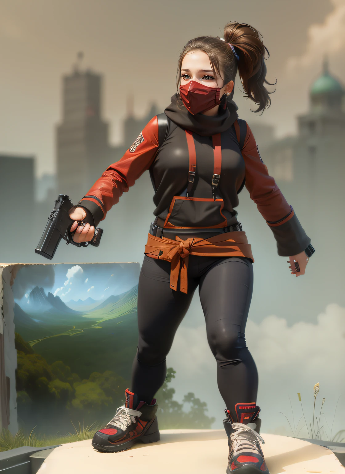 girl, 18 years old, European, Caucasian, sexy, red mask on her face.