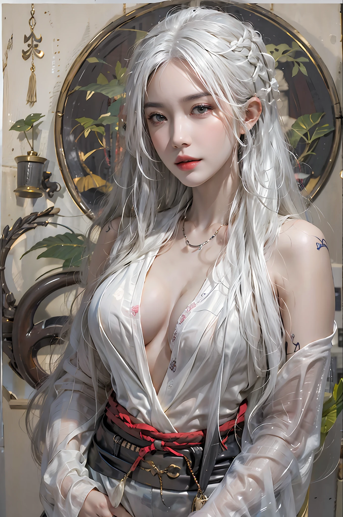 photorealistic, high resolution, 1women, solo, hips up, look at viewer, (detailed face), white hair, long hair, medium breasts, one tattoo on crotch, taoist