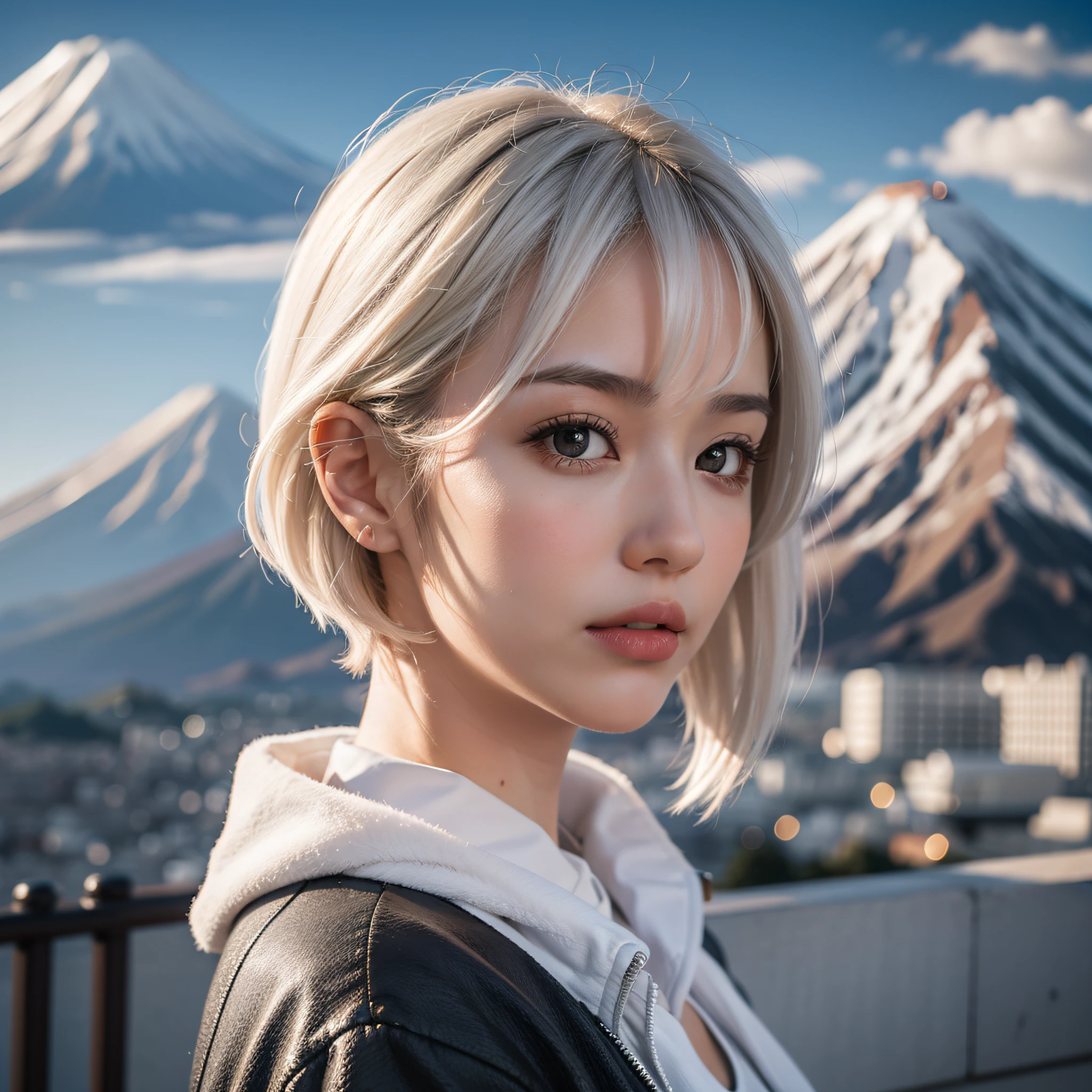 A European and American girl with short white hair and a gorgeous personality,In front of the magnificent backdrop of Mt. Fuji