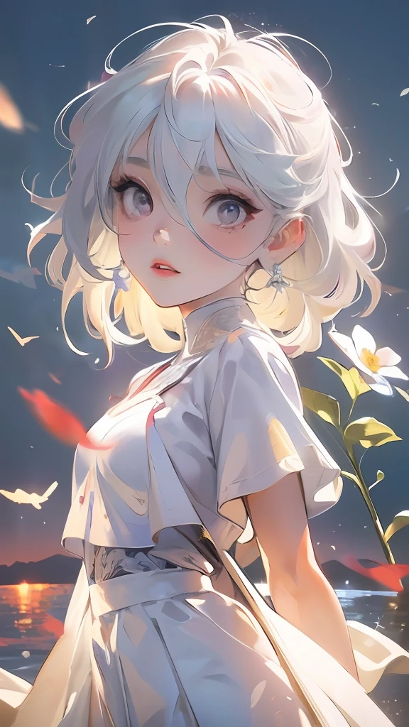 Realistic, 1girl, white hair, purple eyes, glowing eyes, cropped top, skirt, parted lips, blush, night, flowers, sun, sunlight, white skirt, short skirt, medium length hair, real, warm colors, white short Dress, white clothes, light background color, day environment, bright color background, saudi, ocean, cute,