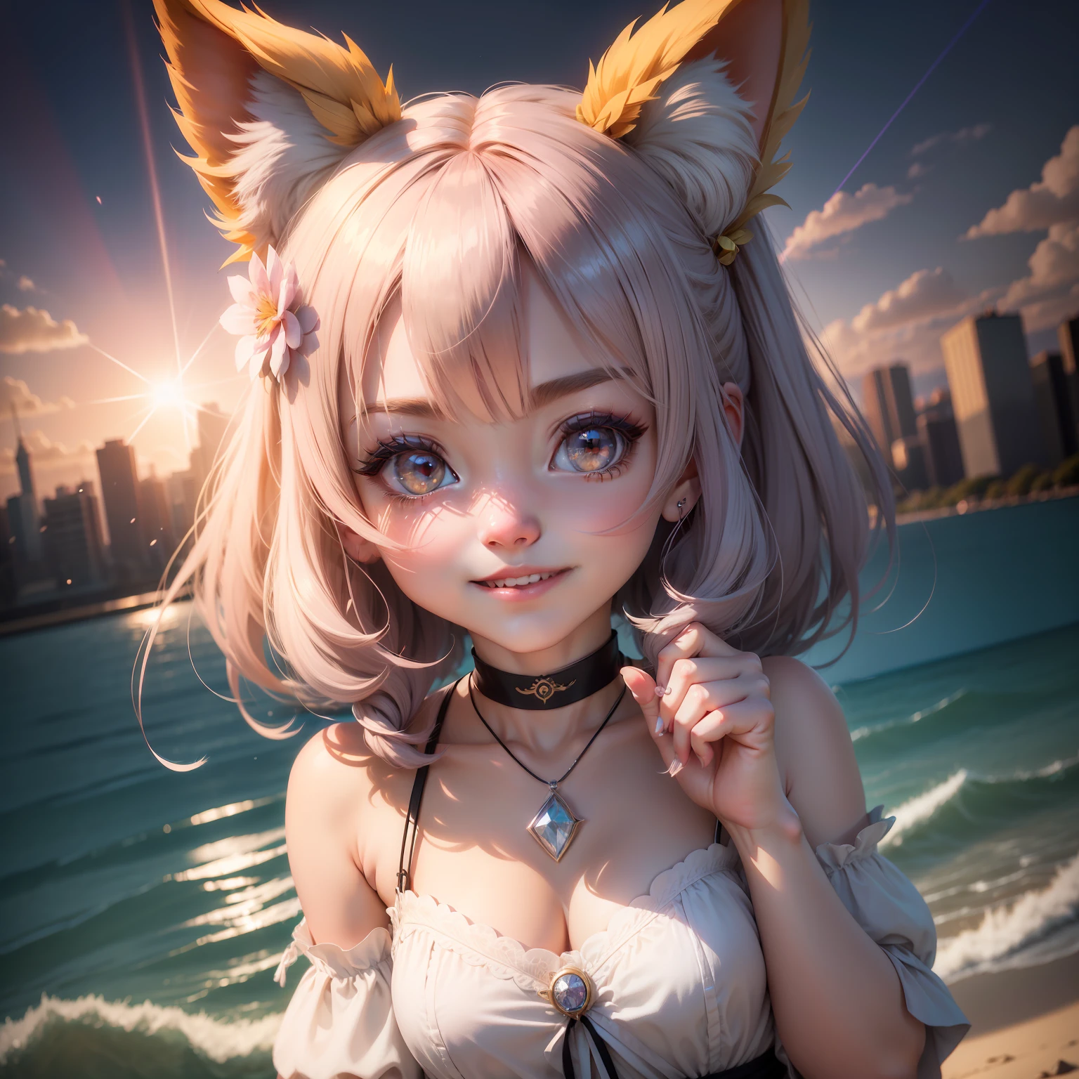 hair bobbles, wince, longeyelashes, solid circle eyes, light smile, ear blush, fang, hime cut, hair flower, hair bow, heart-shaped pupils, diamond-shaped pupils, fox ears, light smile, anaglyph, stereogram, tachi-e, pov, atmospheric perspective, Surrealism, Cubism, god rays, reflection light, image fill, projected inset, first-person view, 8k, super detail, ccurate, UHD