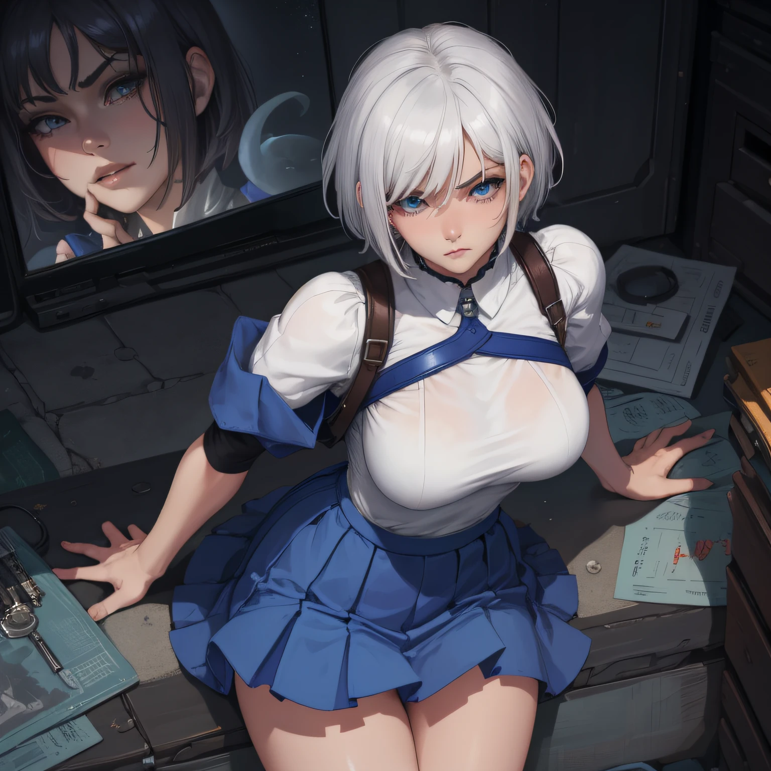 8k,masterpiece, bset quality,big, (1 girl), 2B, blue_eyes, white hair, short hair, professional lighting, (shiny skin: 1.2), shiny big, ((best quality)), sharp focus: 1.2, highly detailed face and skin texture, detailed eyes, perfect face, perfect body, blur art, cg, background, Big breasts, presence (20yo, mature cool and beautiful face), wearing ((blue skirt), white taut shirt, thigh), blush, (mittgal), random pose, top view, perfect eye, angry face, sakimichan art style
