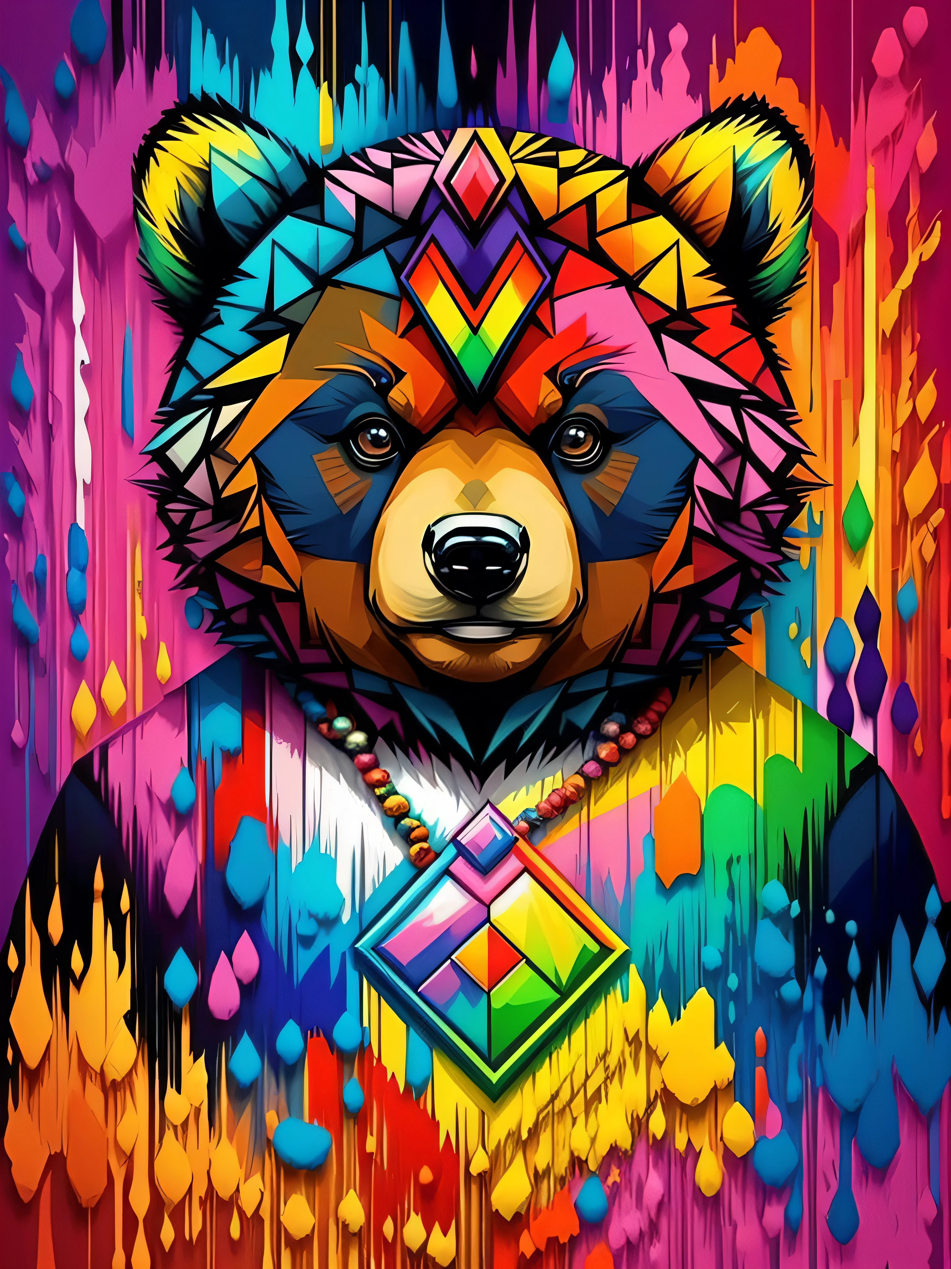 (bear (Pithecophaga jefferyi)), Eduardo Kobra acolchoamento ,multidimensional geometric PORTRAIT wall, arte, chibi, yang016k, lindo, colorido, obras-primas, qualidade superior, melhor qualidade, arte oficial, beautiful and aesthetic,