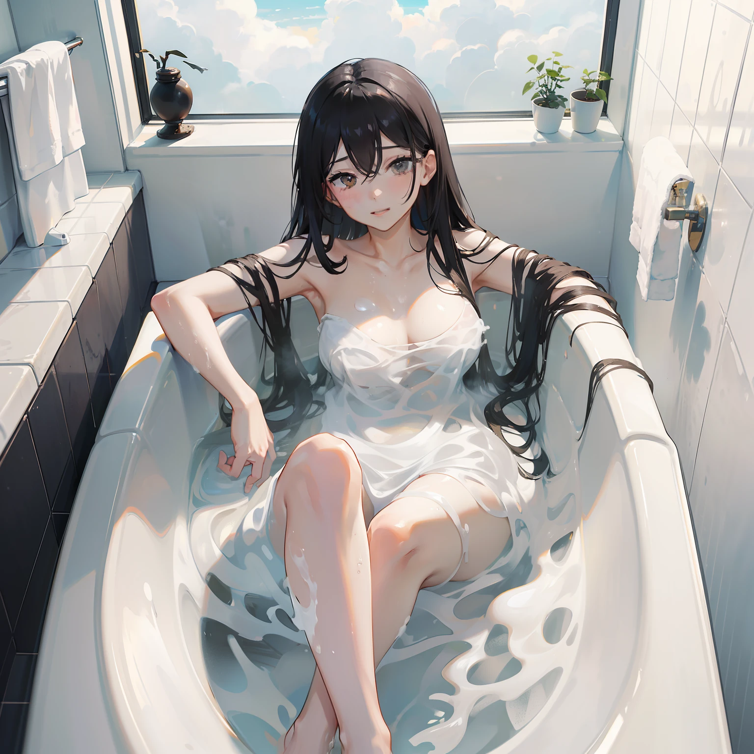 masterpiece、hightquality、vivd colour、(((Long Black Hair)))、(((Soaking in the bath)))、(((The water in the bath is white and cloudy)))