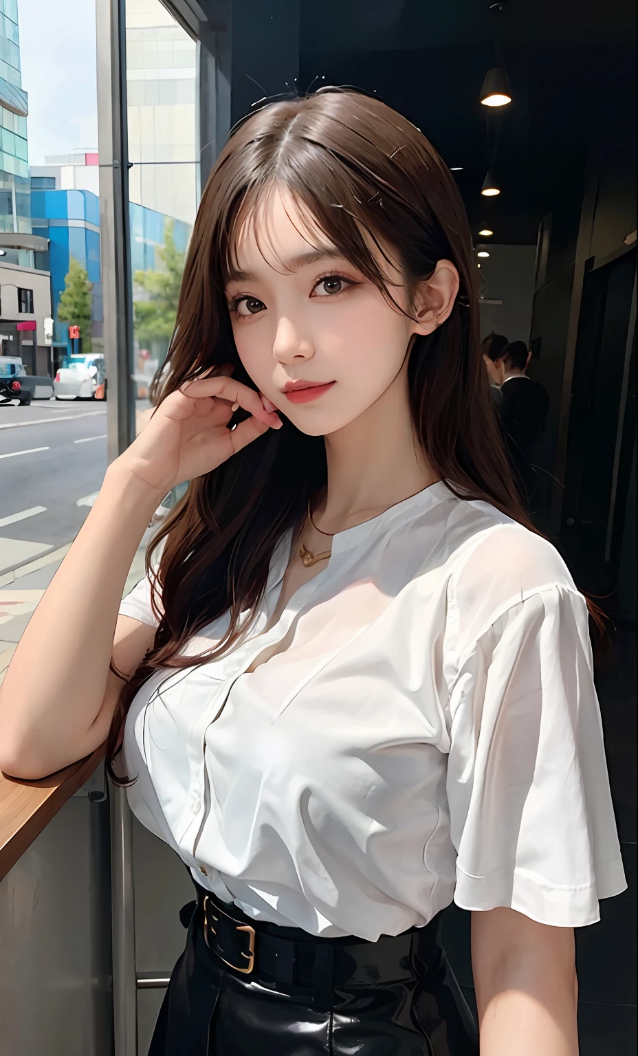 (top-quality、hight resolution、​masterpiece:1.3)、Tall and cute woman、Slender abs、Dark brown hair styled in loose waves、breastsout、Wearing a pendant、White button-up shirt、a belt、a black skirt、(Modern architecture in background)、Details exquisitely rendered in the face and skin texture、A detailed eye、二重まぶた、Mine Makeup