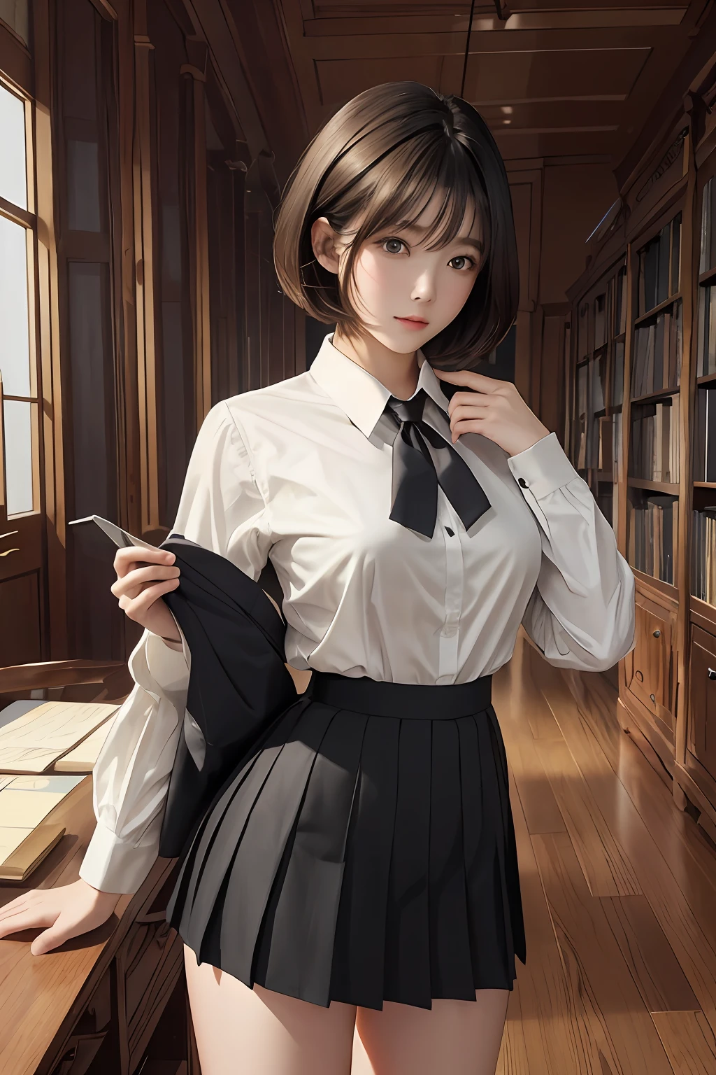 Inside the library full of books、(masuter piece:1.3)、(8k、Photorealsitic、RAW Photography、top-quality: 1.4)、(1girl)、beautiful countenance、(lifelike face)、(A dark-haired、short-hair:1.3)、Beautiful hairstyle、realisticeyes、Beautiful details、long eyeslashes、(real looking skin)、Beautiful skins、mideum breasts、(the perfect body:1.3)、(Detailed body:1.2)、(White collared shirt)、(Black pleated skirt)、(neck tie)、absurderes、enticing、超A high resolution、A hyper-realistic、high-detail、the golden ratio