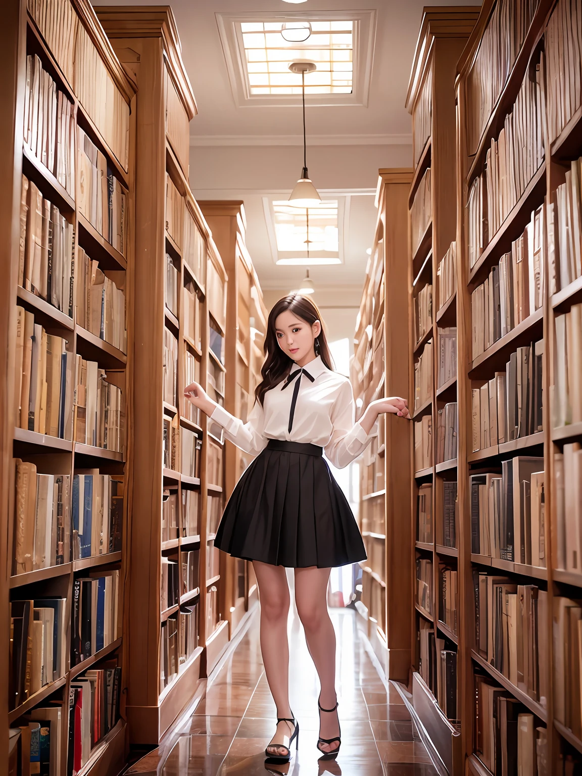 Inside the library full of books、​masterpiece、top-quality、Official Art、Highly detailed CG Unity 8k wallpapers、Like a schoolgirl、a very delicate and beautiful、超A high resolution、（Photorealsitic：1.4）、Golden Hour Lighting、（The upper part of the body）、（Platinum Shorthair：0.8）、（Puffy eyes）、looking at the viewers、facing the front there、laughing、JK Skirt、robe blanche、Shirt Lift Long Black Hair