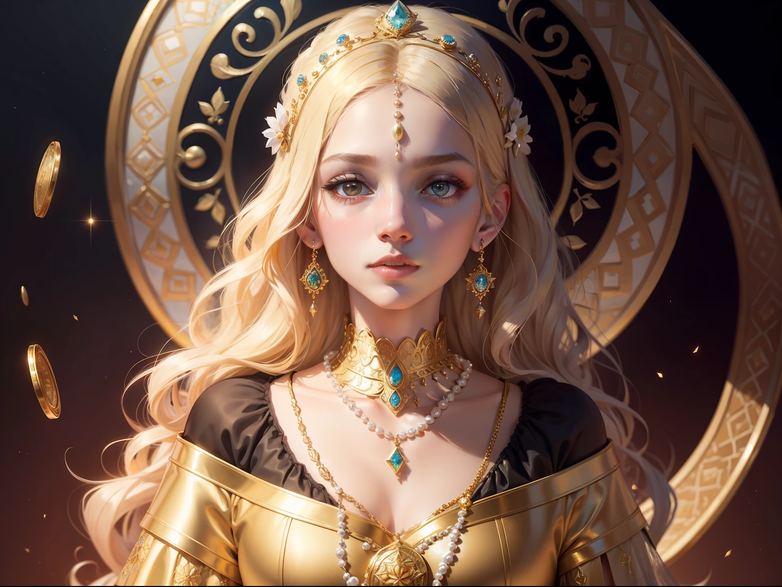 jewelry, gold coins, pearl necklaces, diamonds, crystals author：Victor Nizovtsev, Inspired by Viktor Nizovtsev, DreamlikeArt, Edgar Maxsons, author：Alexander Deneca, author：Igor Grappa, author：Jane Small, Klimt, Beautiful depiction, Andrey Remnev, beautiful art, inspired by Jessie Willcox Smith, artist unknown