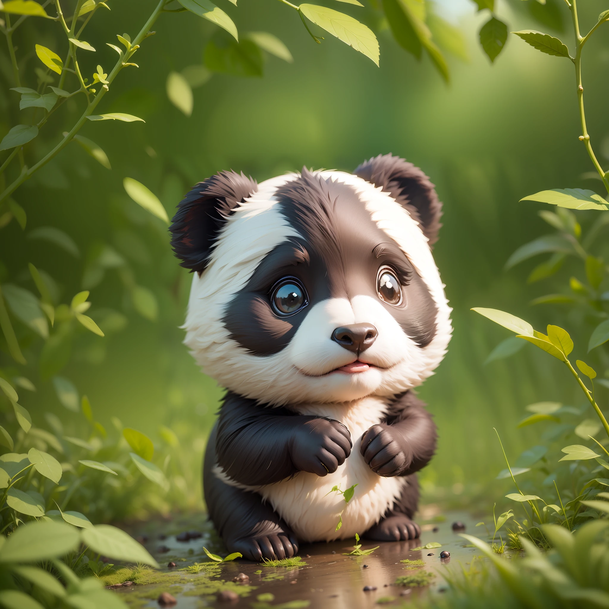 Baby panda bear, segurando um guarda chuva, em uma floresta, 3d, detalhado, melhor qualidade