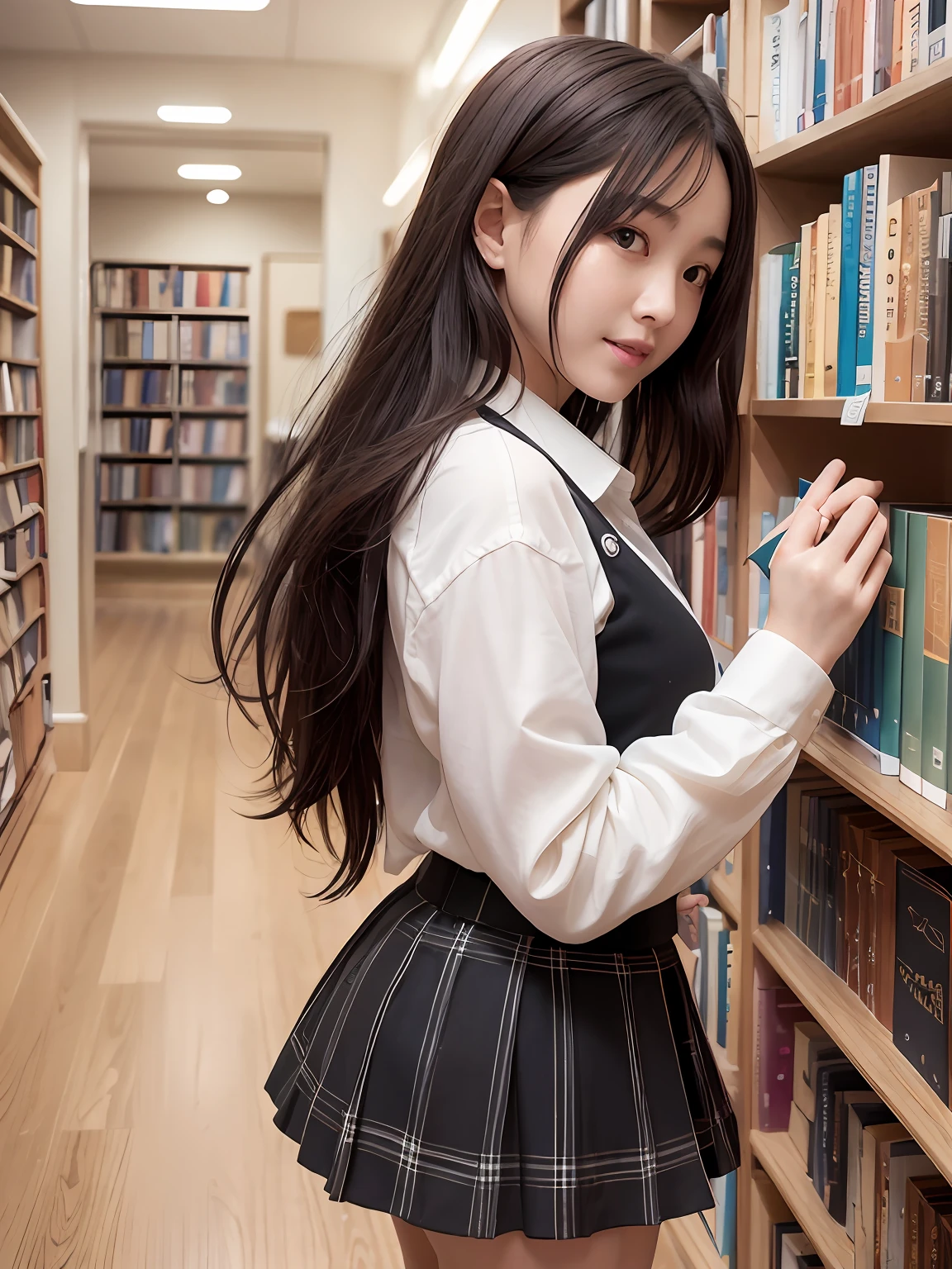 Inside the library full of books、masterpiece、top-quality、Official Art、Highly detailed CG Unity 8k wallpapers、Like a schoolgirl、a very delicate and beautiful、超A high resolution、(Photorealsitic:1.4)、Golden Hour Lighting、(The upper part of the body)、(Platinum Shorthair:0.8)、(Puffy eyes)、looking at the viewers、facing the front there、laughing、JK Skirt、robe blanche、Shirt Lift Long Black Hair