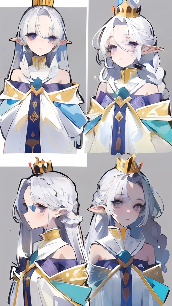 Best quality, highly detailed, masterpiece, ultra detailed, (reality: 1.2), 1 girl, (white background), simple background, delicate eyes, silver hair, purple eyes, hair_ornament, (white off-the-shoulder shirt: 1.3), long hair, pointy_ears, crown_braid, expressionless, straight hair, (++ sitting: 1.2), room,