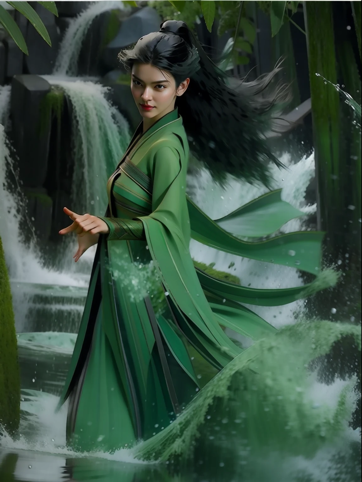 best picture quality, masterpiece, super high resolution, legendary plot, jade water tree, girl solo, dark green long hair, floating in the sea with water ripples and rain flying around her. The girl should have red lips slightly opened and be shown as a full body shot.fully body photo。Hanfu。Waterspout，liquid simulation，Flying water，perfectly symmetrical，Perfectcomposition，vfx，dynamic blur