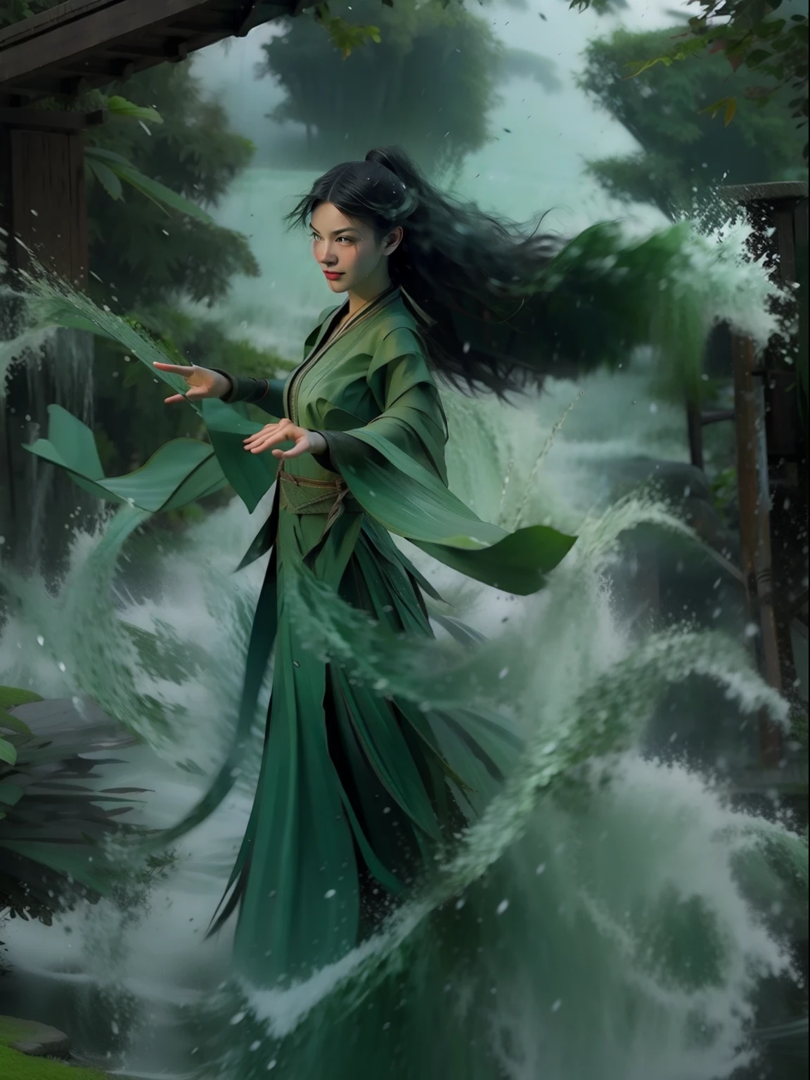 best picture quality, masterpiece, super high resolution, legendary plot, jade water tree, girl solo, dark green long hair, floating in the sea with water ripples and rain flying around her. The girl should have red lips slightly opened and be shown as a full body shot.fully body photo。Hanfu。Waterspout，liquid simulation，Flying water，perfectly symmetrical，Perfectcomposition，vfx，dynamic blur