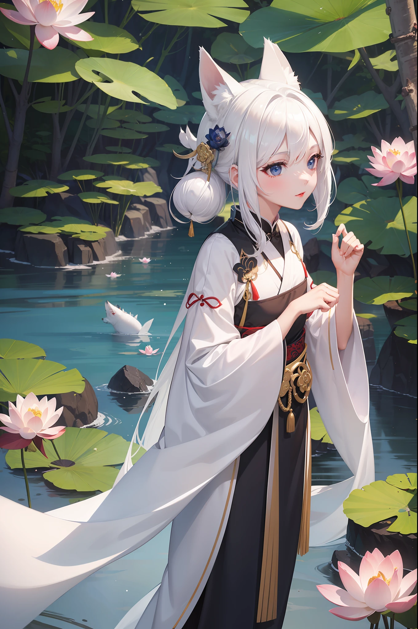 ((4k,masterpiece,best quality)), shuimobysim, Chinese painting, lotus, hanfu, maxiskit, dressed conservative 1 girl, solo, white hair, fox ears, white, fish, there are many fish near the girl, look at the audience, tease oneeshota,