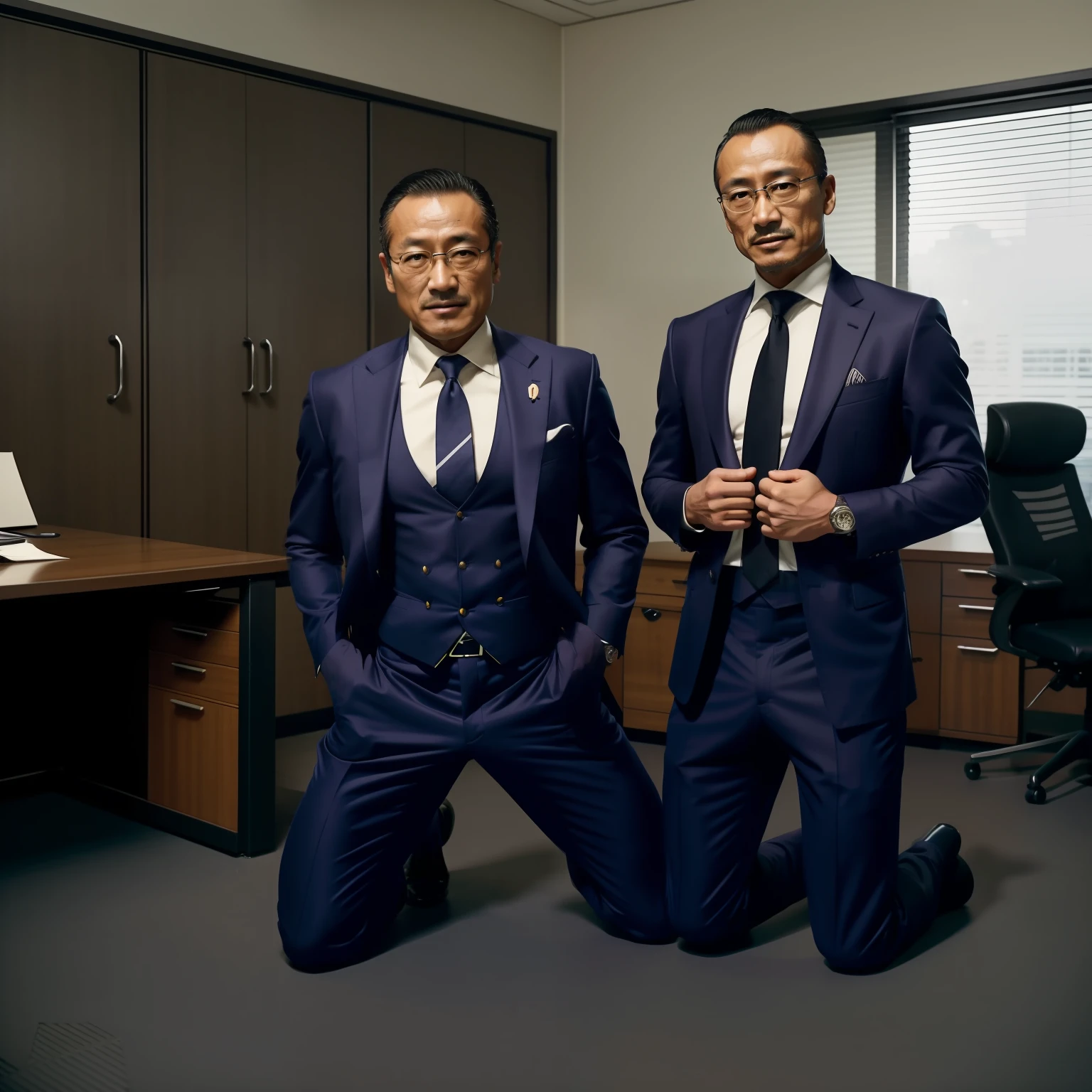 50yearsold,Hidetoshi Nakata,(Kogoro Mouri 1.3),Shirtless,Tong,Bulge,office room,black long socks,Thin,musculature,lbeard,fortitude,artwork of a,tmasterpiece,k hd,ssmile,tightsuit,large pecs,Kneeling,two guys,hands on the chest