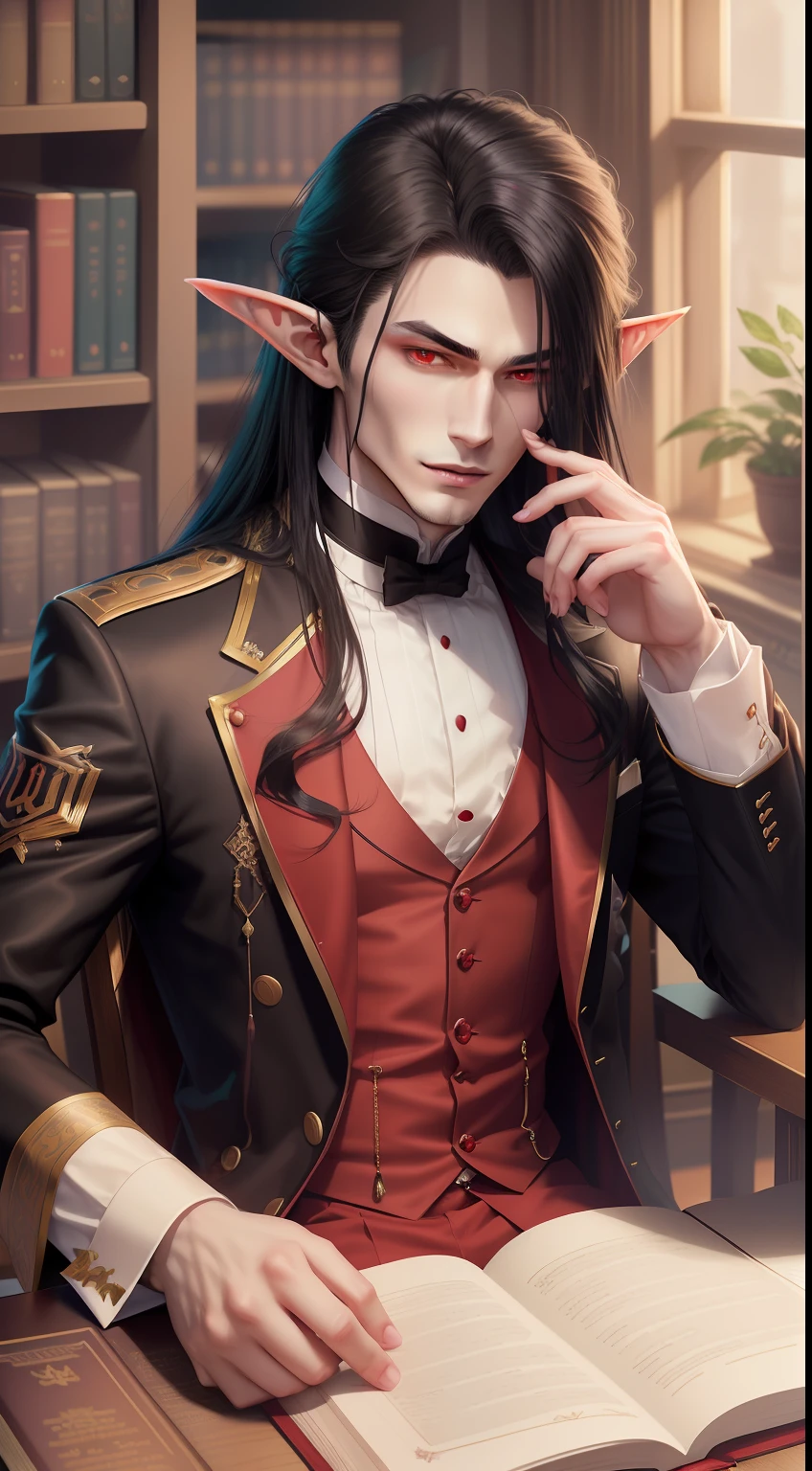 1man, male, anime, pale skin, very long hair, black hair, crimson red eyes, intricate details, best quality, elf ears, smirk, detailed face, detailed hands, holding book with one hand, library, dark, dim light, open chest, butler clothes, adult male, slim muscular, fit, look at viewer, sitting at chair, side glance, vampire features (pointy ears, pale skin, red eyes, slim body), animated, semi realism, detailed eyes, perfect features (eyes, hands), portrait image, man