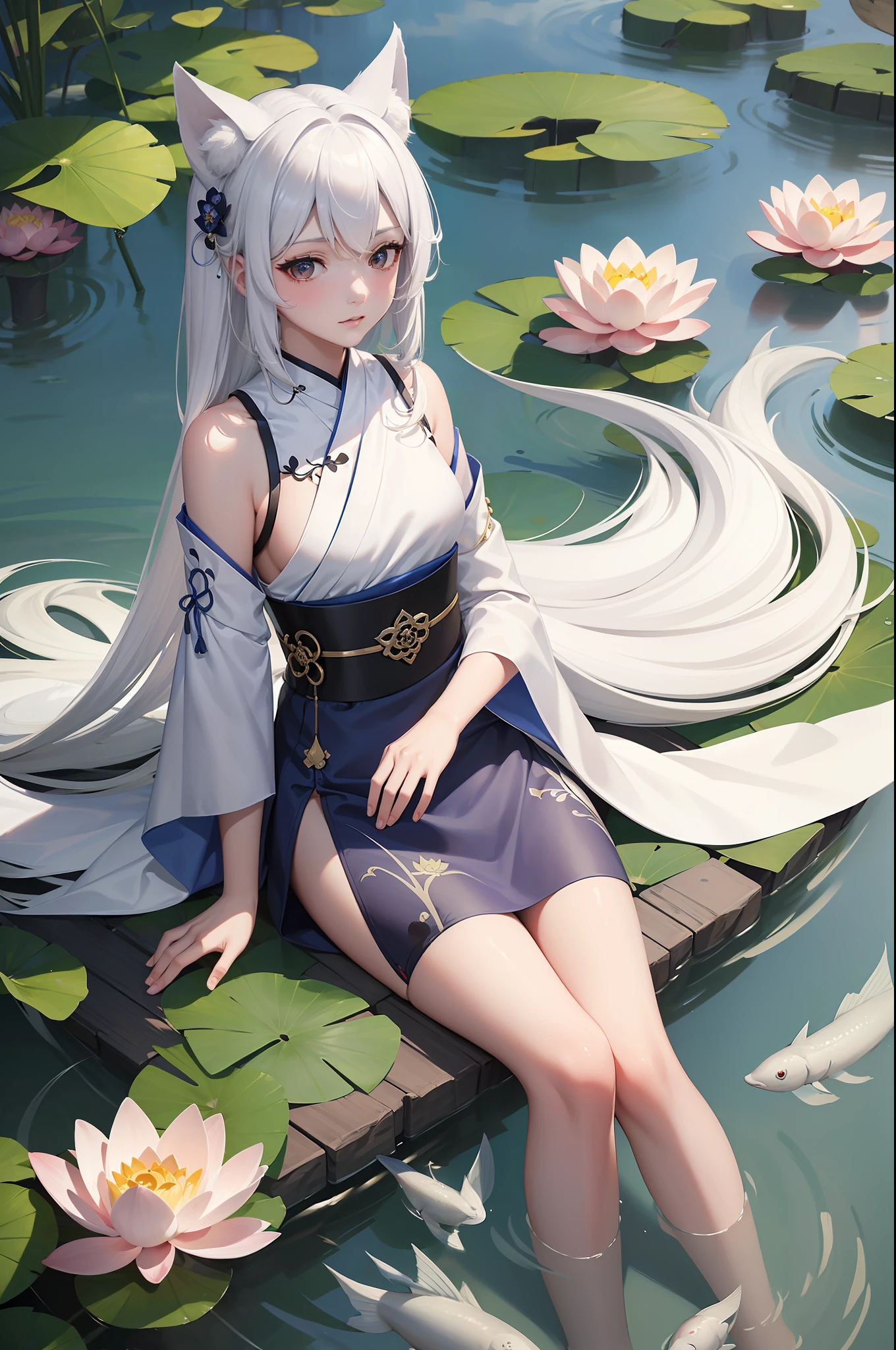 ((4k,masterpiece,best quality)), shuimobysim, Chinese painting, lotus, hanfu, maxiskit, dressed conservative 1 girl, solo, white hair, fox ears, white, fish, there are many fish near the girl, look at the audience, tease oneeshota,