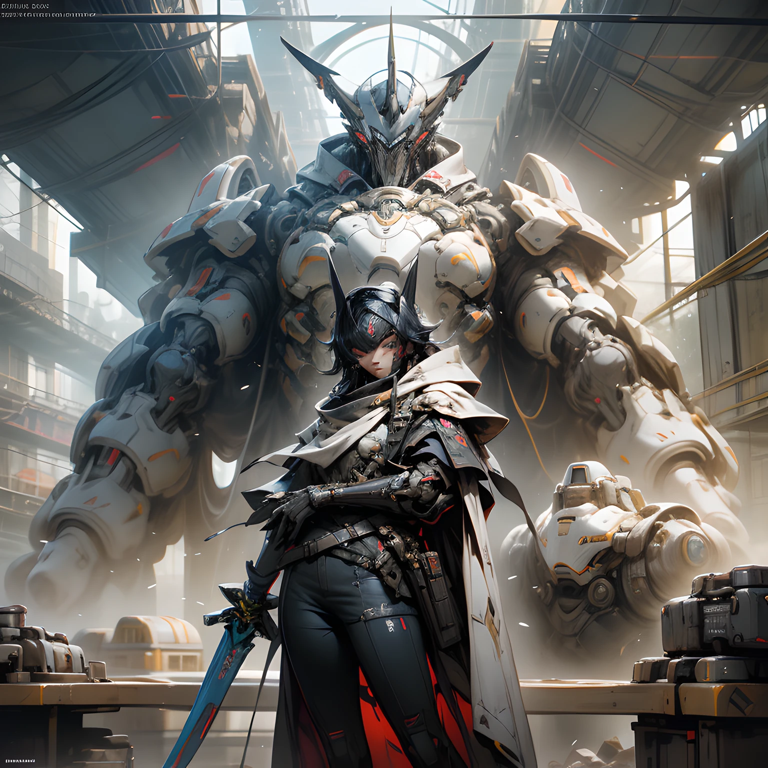 Arafad image of a man in a cloak holding a sword, cyberpunk art by senior environment artist, cgsociety contest winner, neoism, epic sci-fi character art, epic scifi character art, epic scifi character art, Alexander Ferra Mecha, Beautiful robot character design, cyberpunk knight, 《overwatch》Reaper in , anfas portrait of a mech warrior
