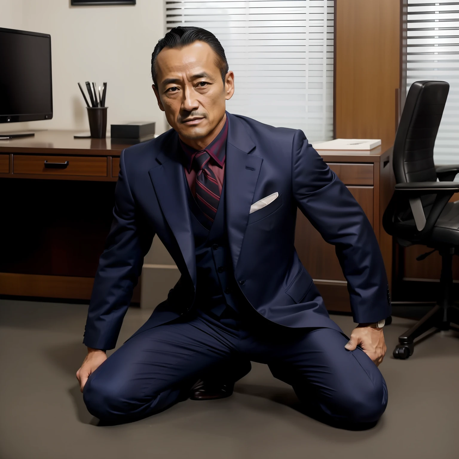 50yearsold，Hidetoshi Nakata，（Kogoro Mouri 1.3），Shirtless，Tong，Bulge，office room，black long socks，Thin，musculature，lbeard，fortitude，artwork of a，tmasterpiece，k hd，ssmile，tightsuit，Business suit，Kneeling，two guys，hand behind head