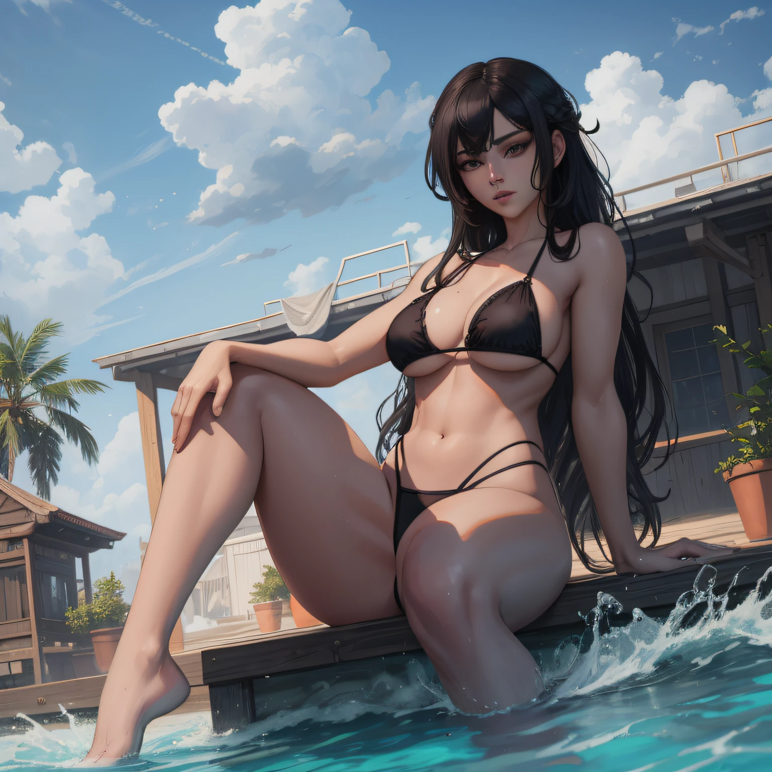 There's a woman in a black bikini lying on a ladder in a pool, em uma piscina, cabelo longo, breath-taking, Estilo de anime 3D realista, realistic anime art style, scenic background, 8k,masterpiece, bset quality,big, sakimichan art style