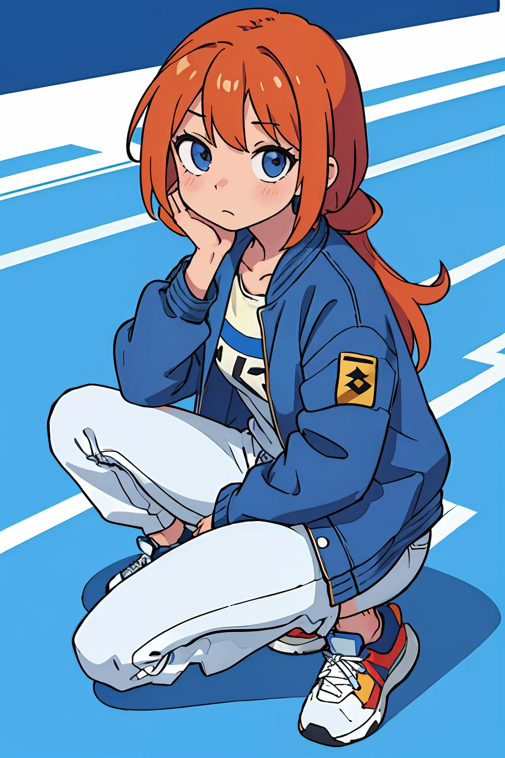 anime girl, cute, jeans, full color, sport shoes, squat, one knee on floor, oversized jacket