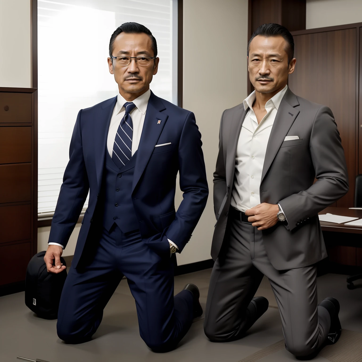 50yearsold,Hidetoshi Nakata,(Kogoro Mouri 1.3),Shirtless,Tong,Bulge,office room,black long socks,Thin,musculature,lbeard,fortitude,artwork of a,tmasterpiece,k hd,ssmile,tightsuit,Business suit,Kneeling,two guys,hand behind head