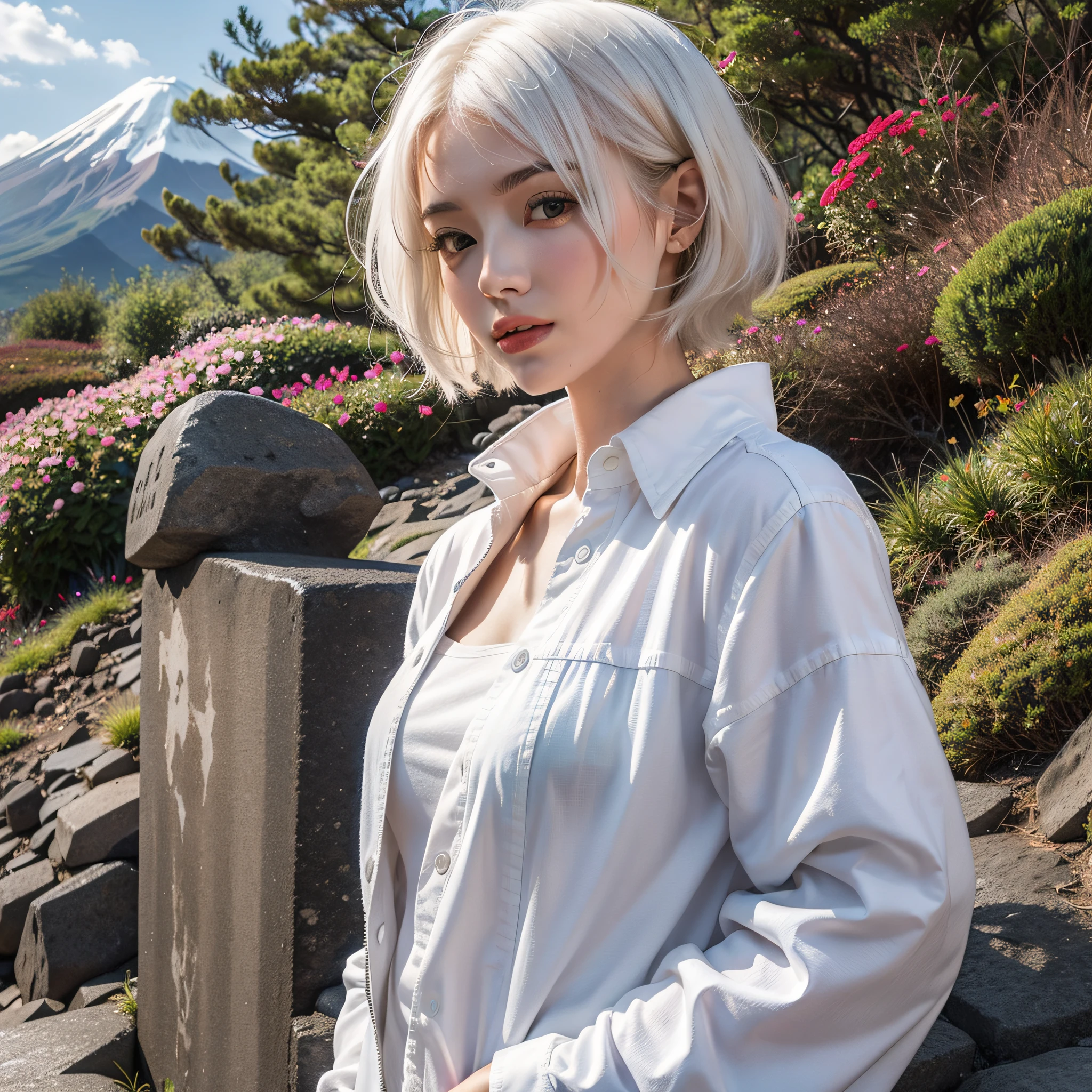 A European and American girl with short white hair and a gorgeous personality,In the magnificent background of Mt. Fuji